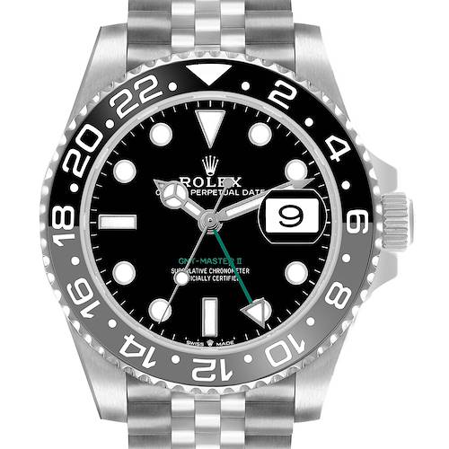 The image shows a front view of a Rolex GMT-Master 126710GRNR Men's Stainless Steel Black Dial II watch, highlighting the bezel, dial, hands, date window, and bracelet.