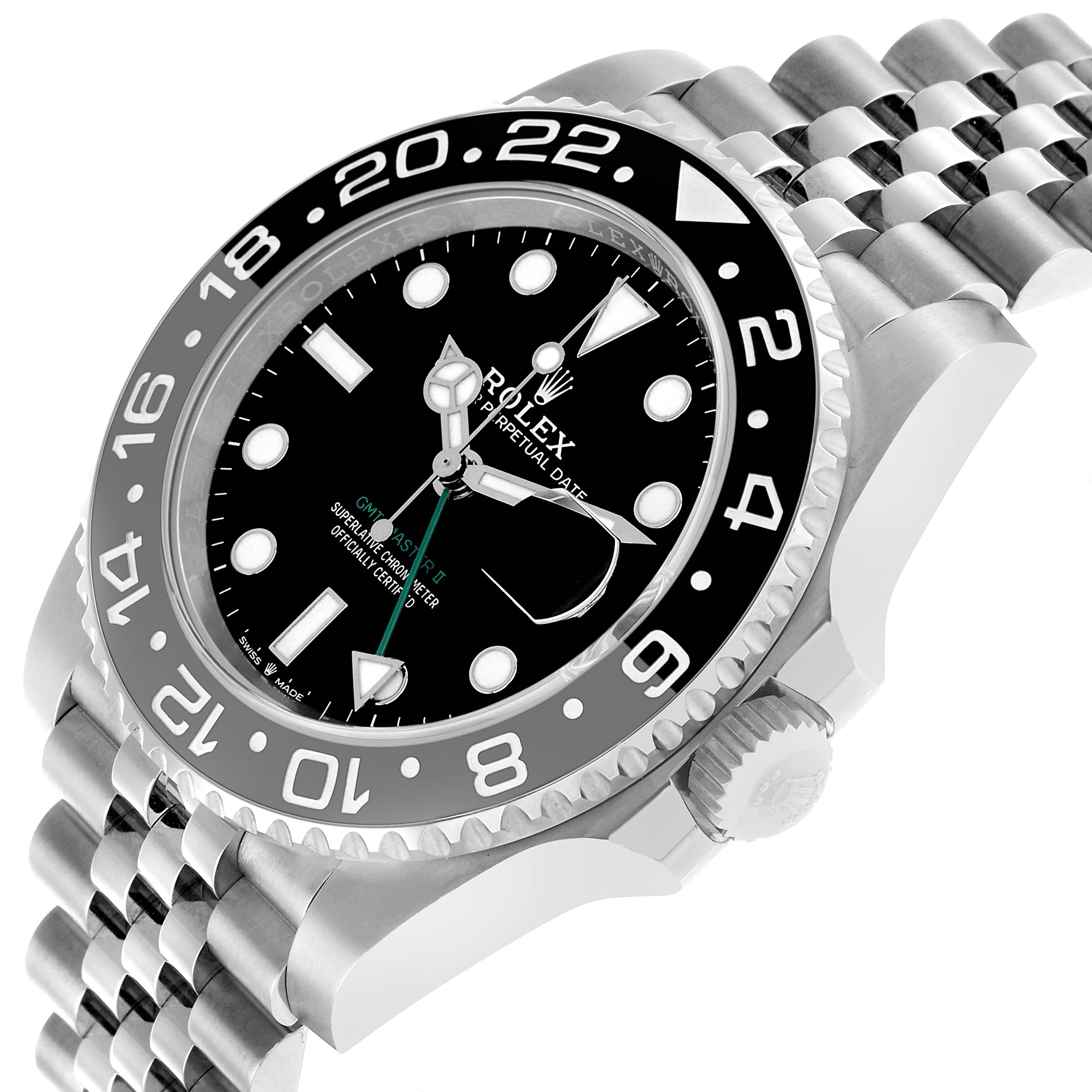 The Rolex GMT-Master 126710GRNR Men's Stainless Steel Black Dial watch is shown at an angled side view, highlighting the bezel, crown, and bracelet.