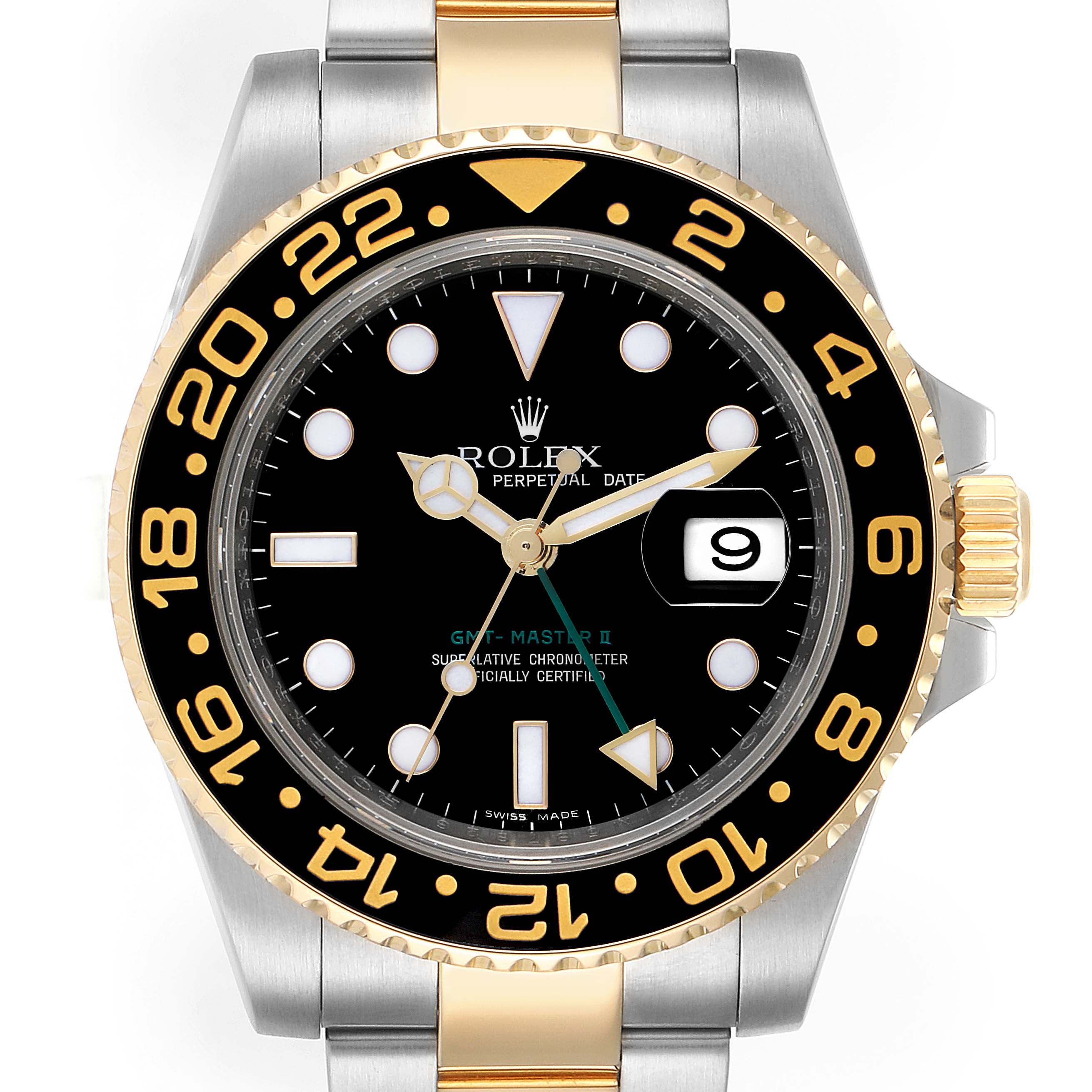 The image shows a Rolex GMT-Master 116713 Men's Steel and Gold (two tone) Black Dial 116713 Men's Steel and Gold (two tone) Black Dial II watch from the front, highlighting its bezel, dial, hands, and bracelet.