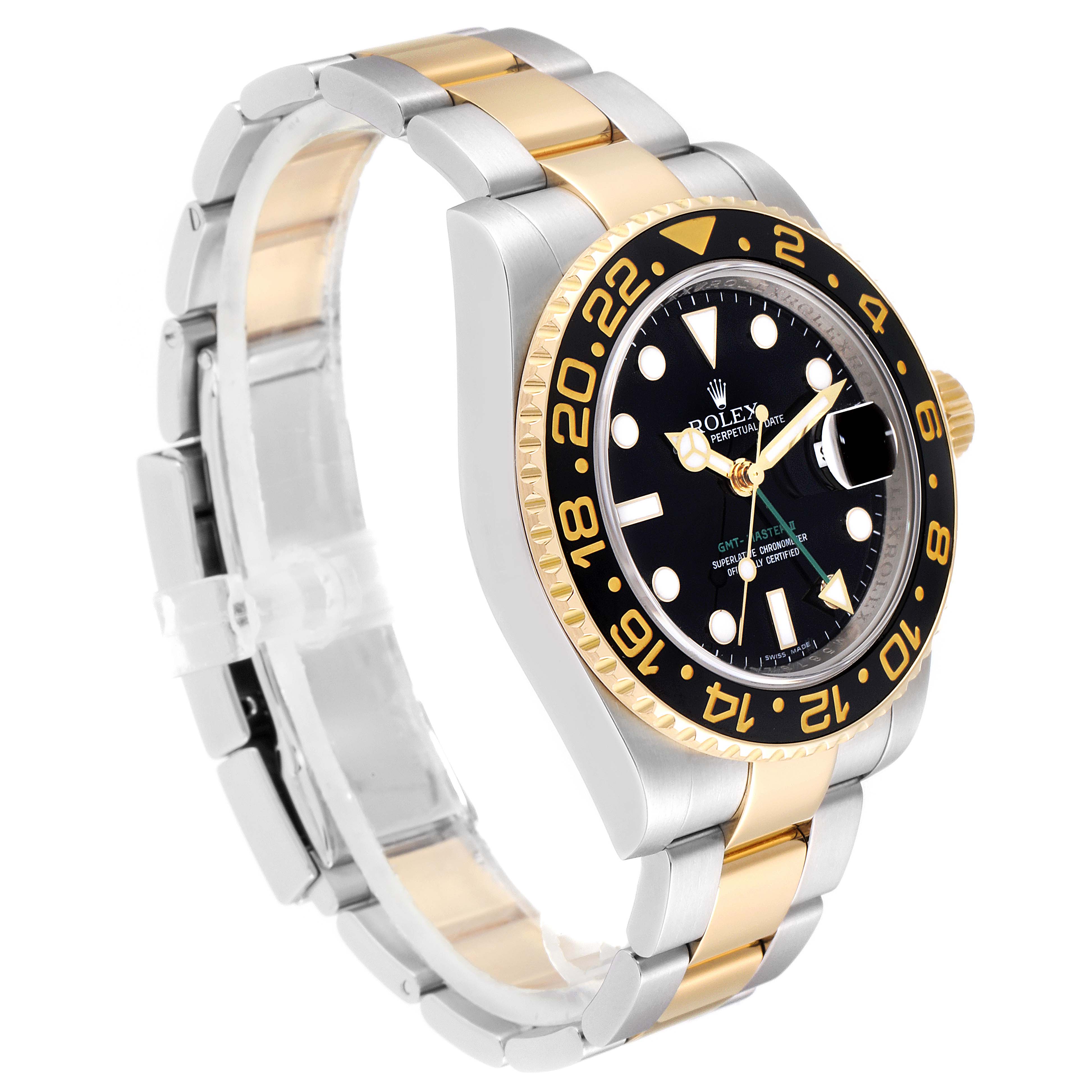 This angled view of the Rolex GMT-Master 116713 Men's Steel and Gold (two tone) Black Dial 116713 Men's Steel and Gold (two tone) Black Dial watch shows the face, bezel, and bracelet.