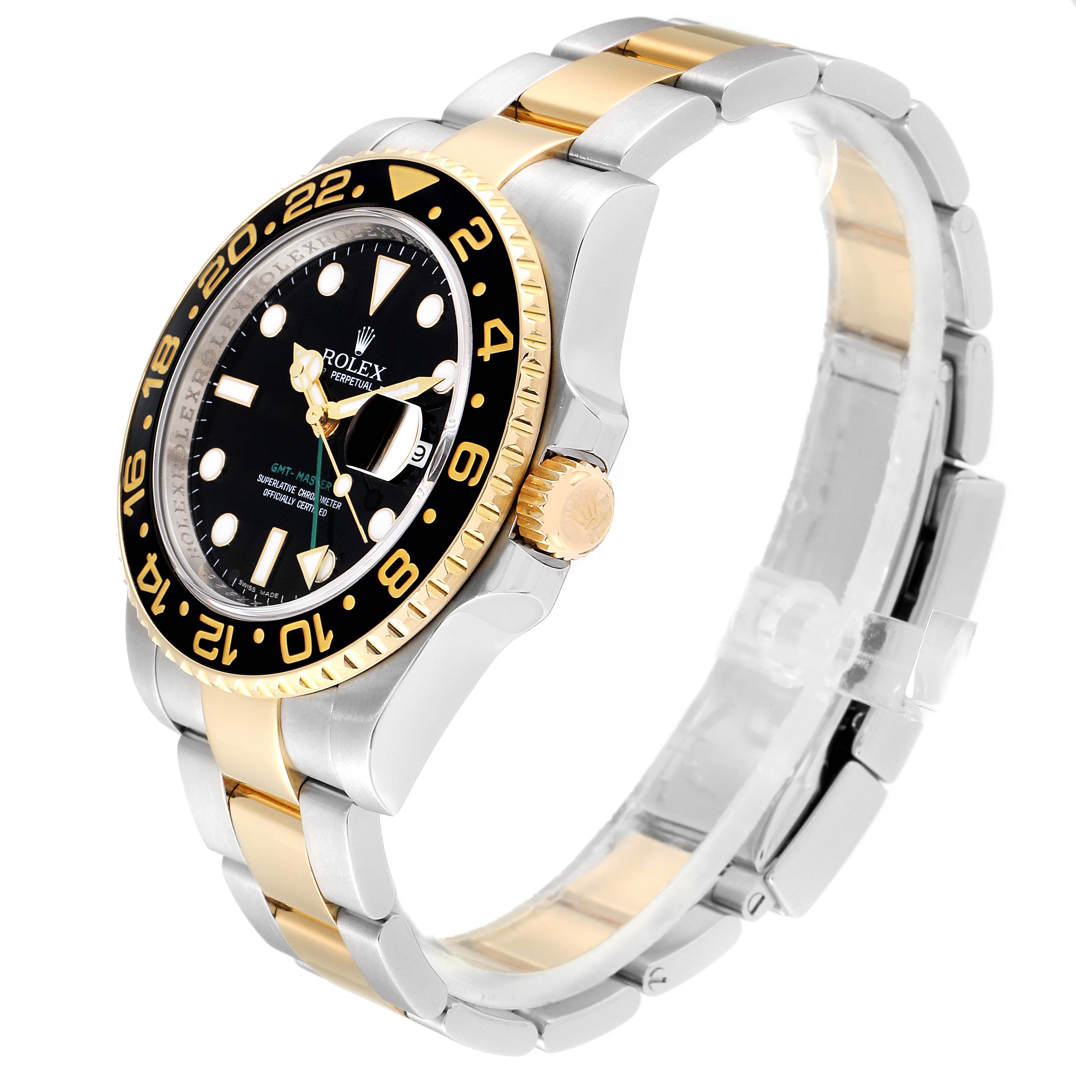 The Rolex GMT-Master 116713 Men's Steel and Gold (two tone) Black Dial 116713 Men's Steel and Gold (two tone) Black Dial watch is shown at an angle highlighting the face, bezel, crown, and part of the bracelet.