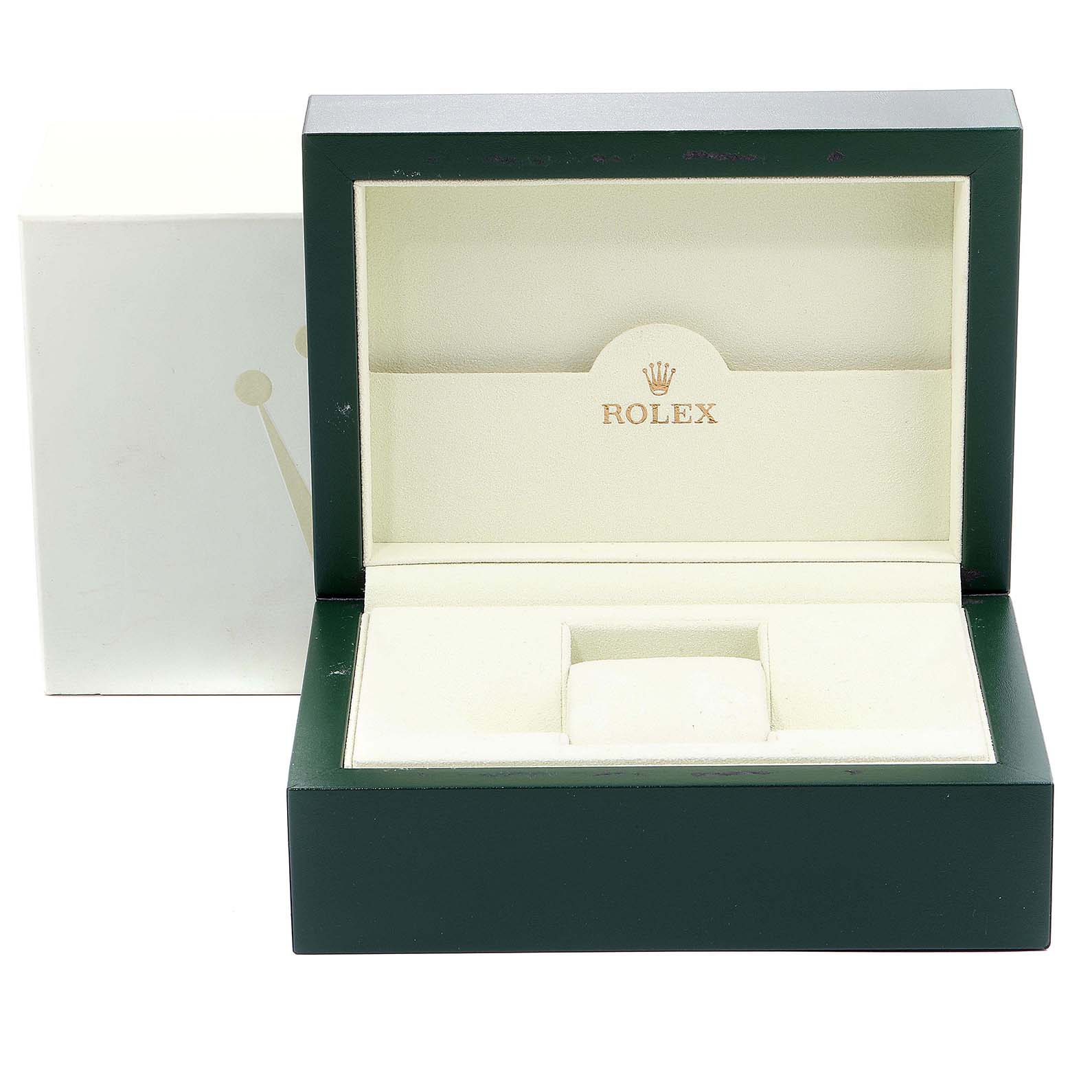 This image shows an open Rolex GMT-Master 116713 Men's Steel and Gold (two tone) Black Dial 116713 Men's Steel and Gold (two tone) Black Dial watch box viewed from the front, displaying the interior cushion and lining.