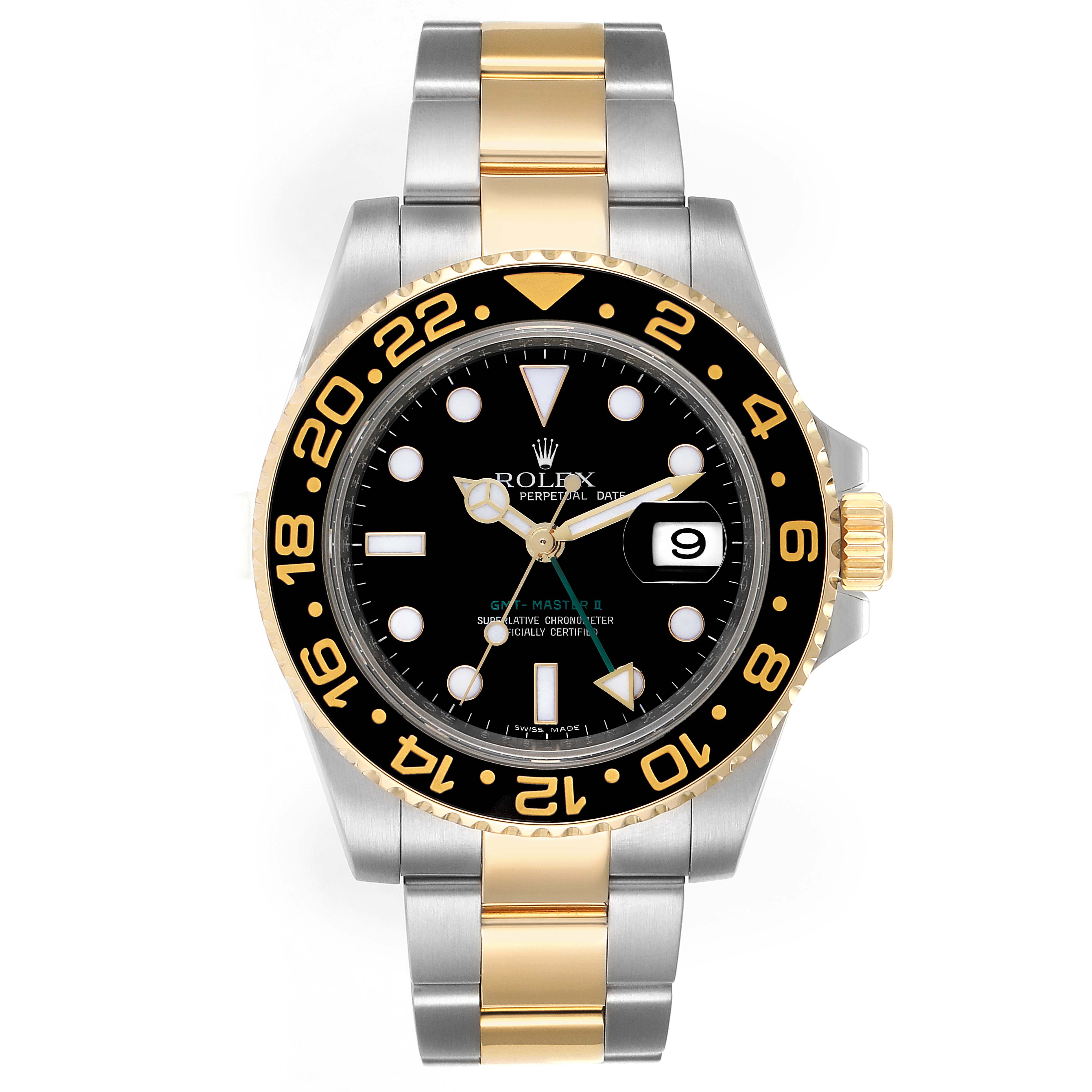 This image shows a front angle of a Rolex GMT-Master 116713 Men's Steel and Gold (two tone) Black Dial 116713 Men's Steel and Gold (two tone) Black Dial watch, highlighting the two-tone bracelet, black dial, and bezel.