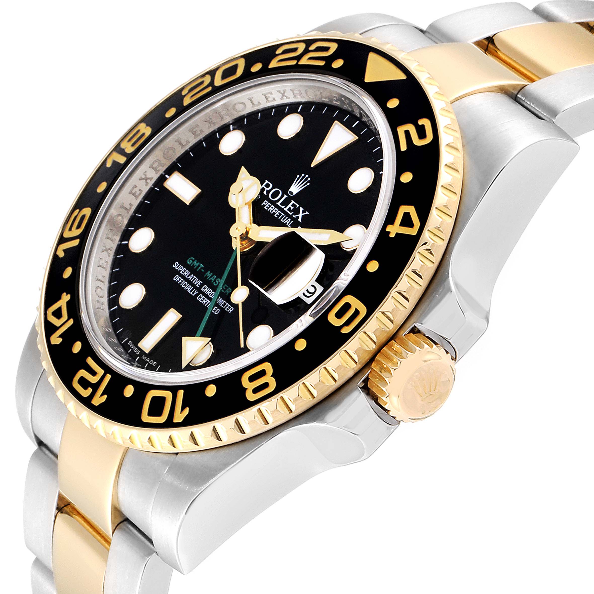 The image shows the Rolex GMT-Master 116713 Men's Steel and Gold (two tone) Black Dial 116713 Men's Steel and Gold (two tone) Black Dial watch from an angled side view, highlighting the bezel, dial, crown, and bracelet.