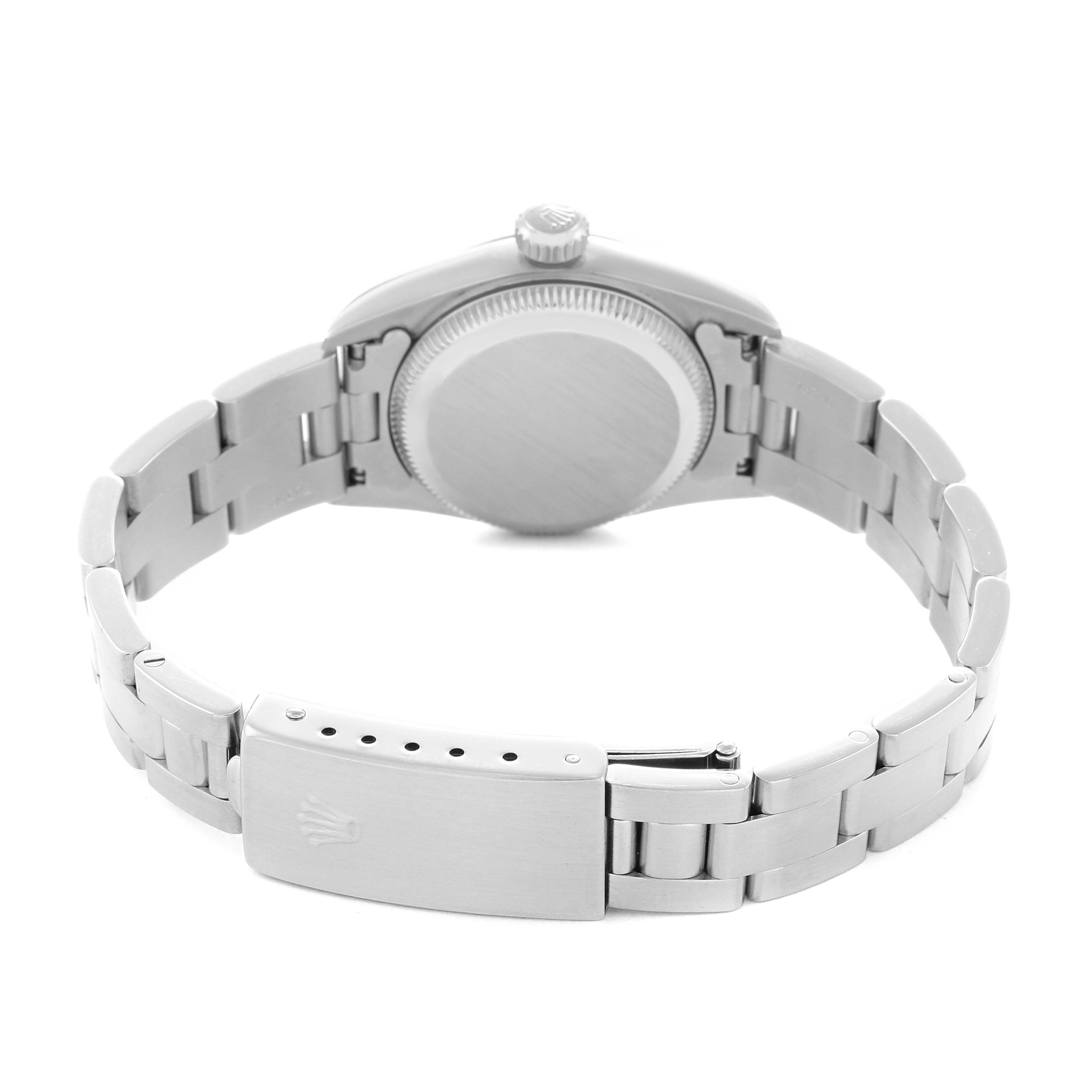 The image shows the back of a Rolex Oyster Perpetual 67230 Women
s Stainless Steel Black Dial watch, highlighting the bracelet and clasp.