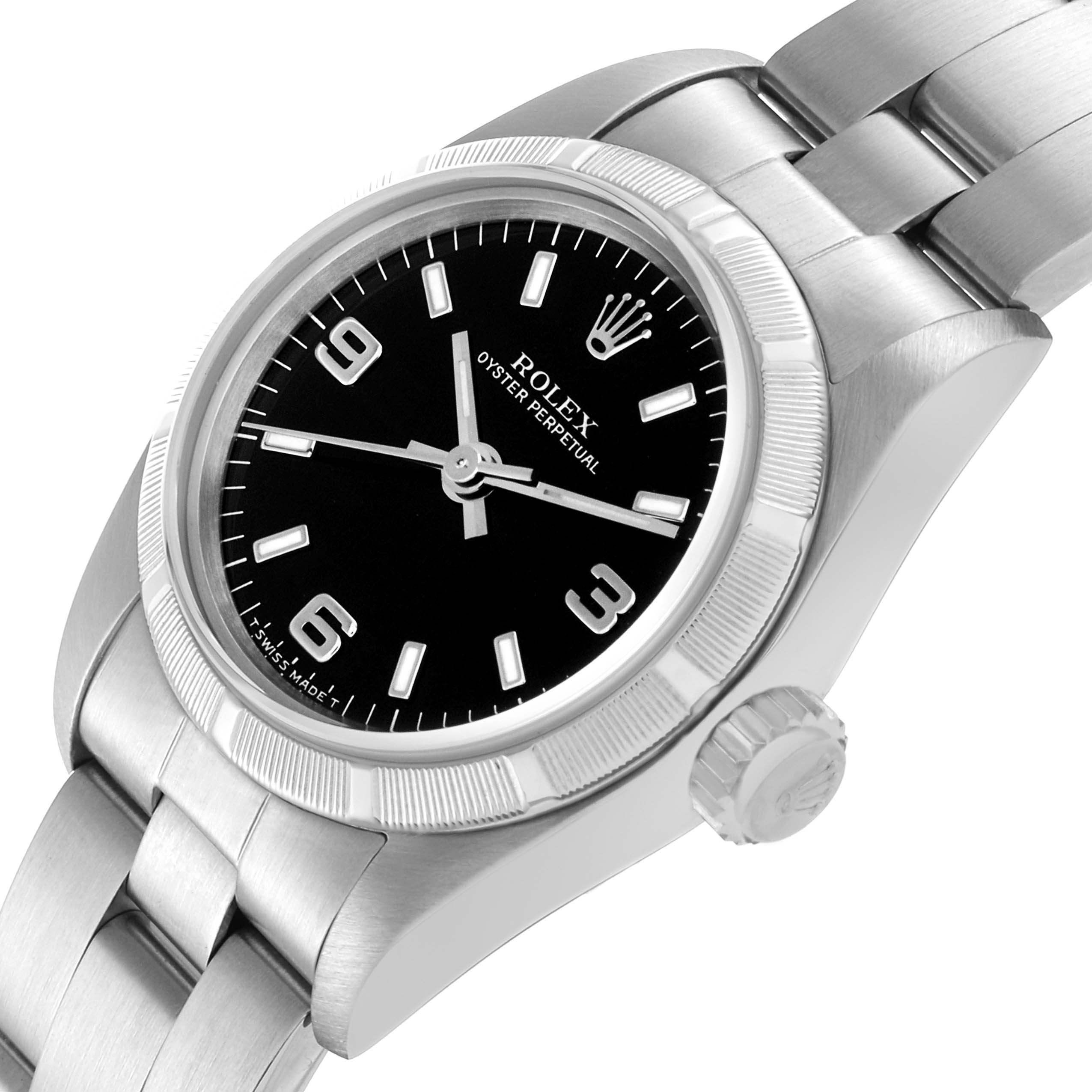 The Rolex Oyster Perpetual 67230 Women
s Stainless Steel Black Dial watch is shown at a slight angle, highlighting its bezel, crown, and bracelet.