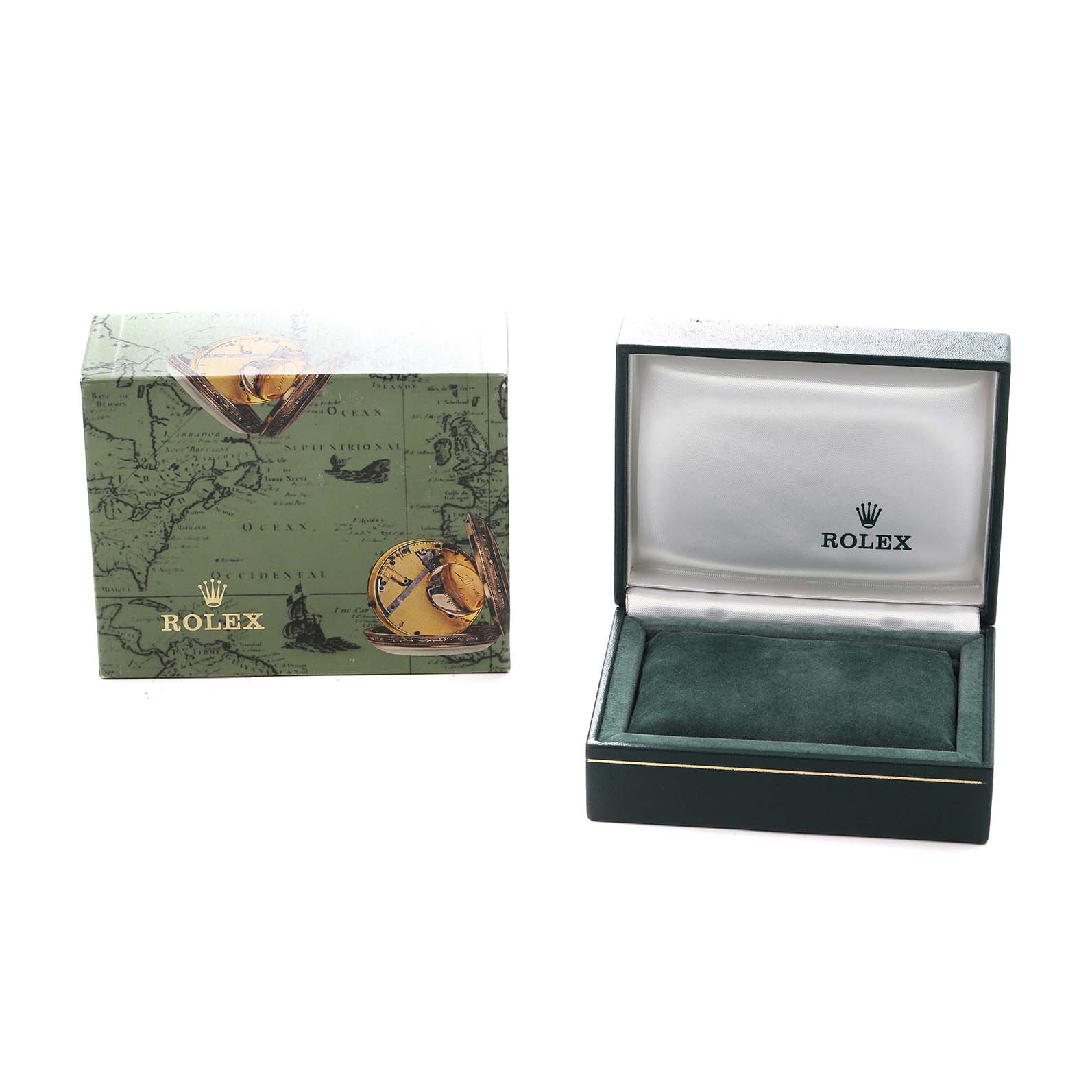 The image shows the packaging for a Rolex Oyster Perpetual 67230 Women
s Stainless Steel Black Dial, including a decorative outer box and an open watch box.
