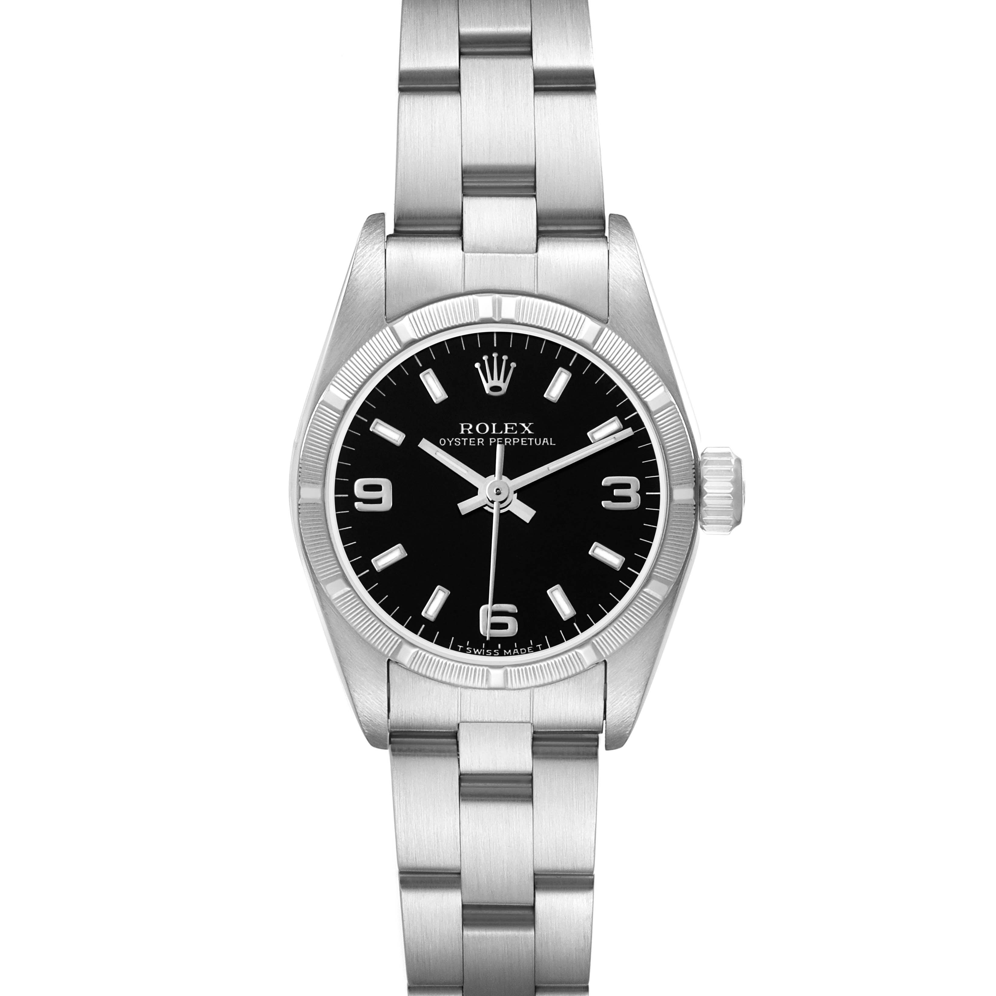 The image shows a front view of the Rolex Oyster Perpetual 67230 Women
s Stainless Steel Black Dial watch, highlighting its black dial, silver bracelet, and crown.