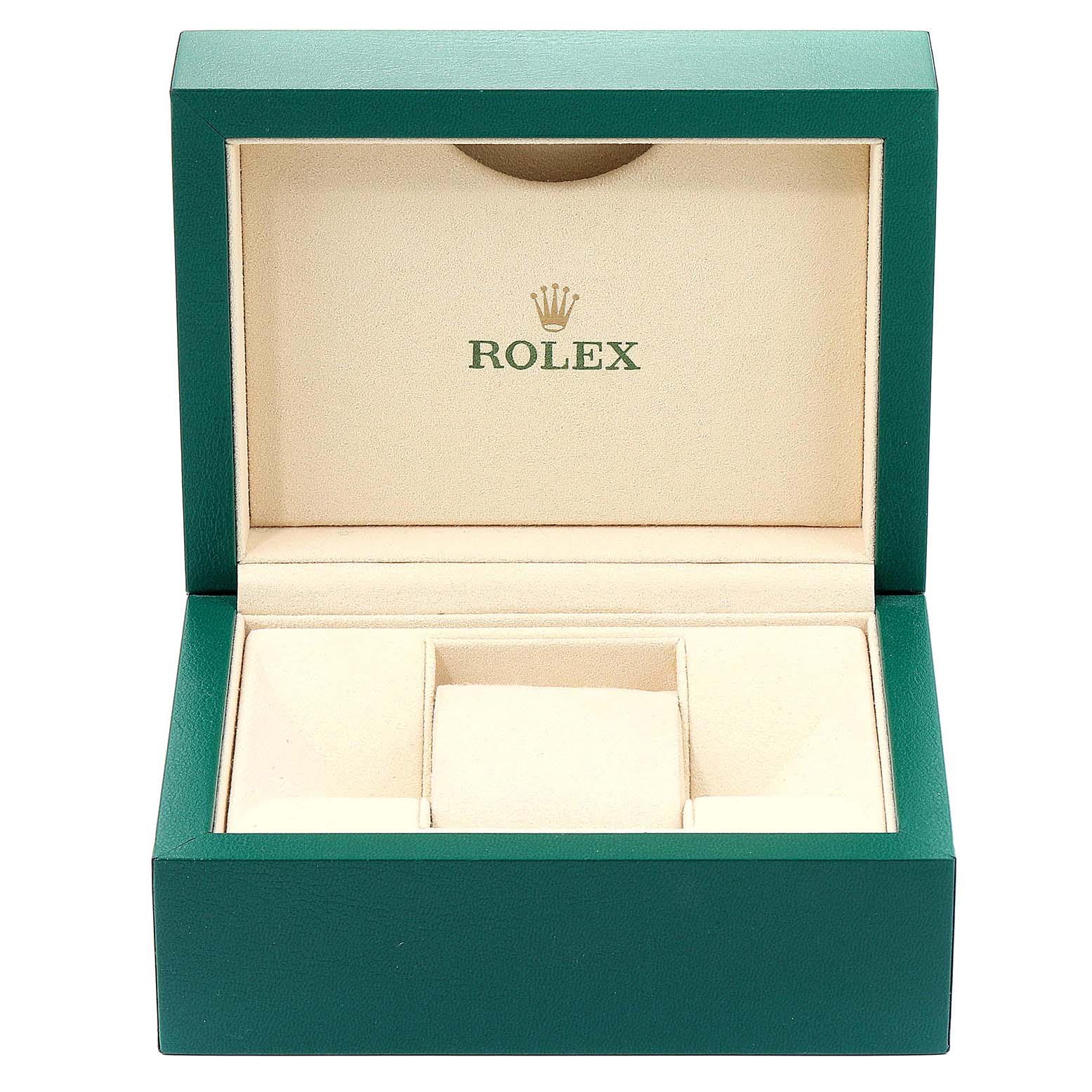 This is a front view of a Rolex Oyster Perpetual 114300 Men's Stainless Steel Silver Dial 114300 Men's Stainless Steel Silver Dial model watch box, showing the empty padded compartments.