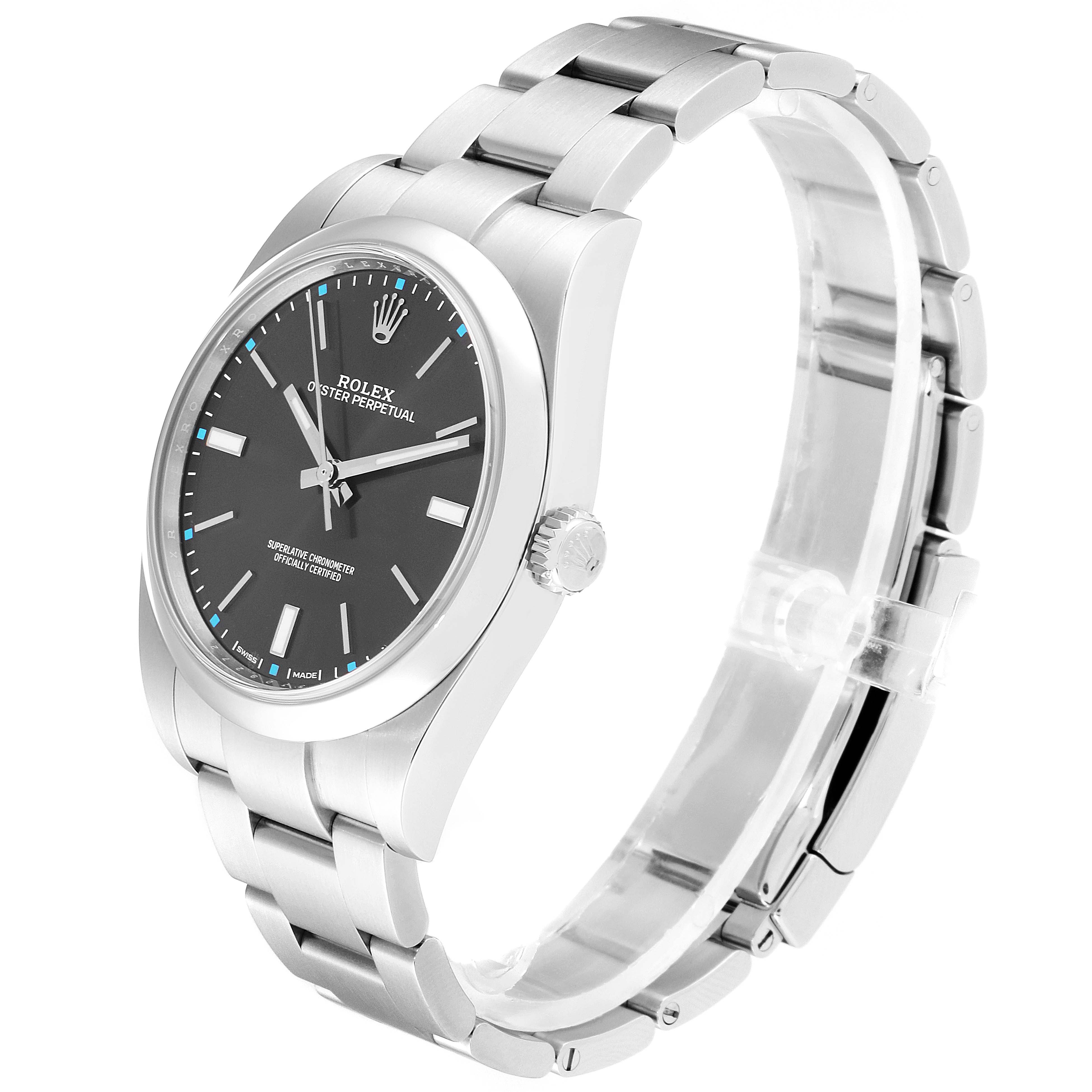 The image shows a Rolex Oyster Perpetual 114300 Men's Stainless Steel Silver Dial 114300 Men's Stainless Steel Silver Dial watch from a side angle highlighting its face, bezel, and bracelet.