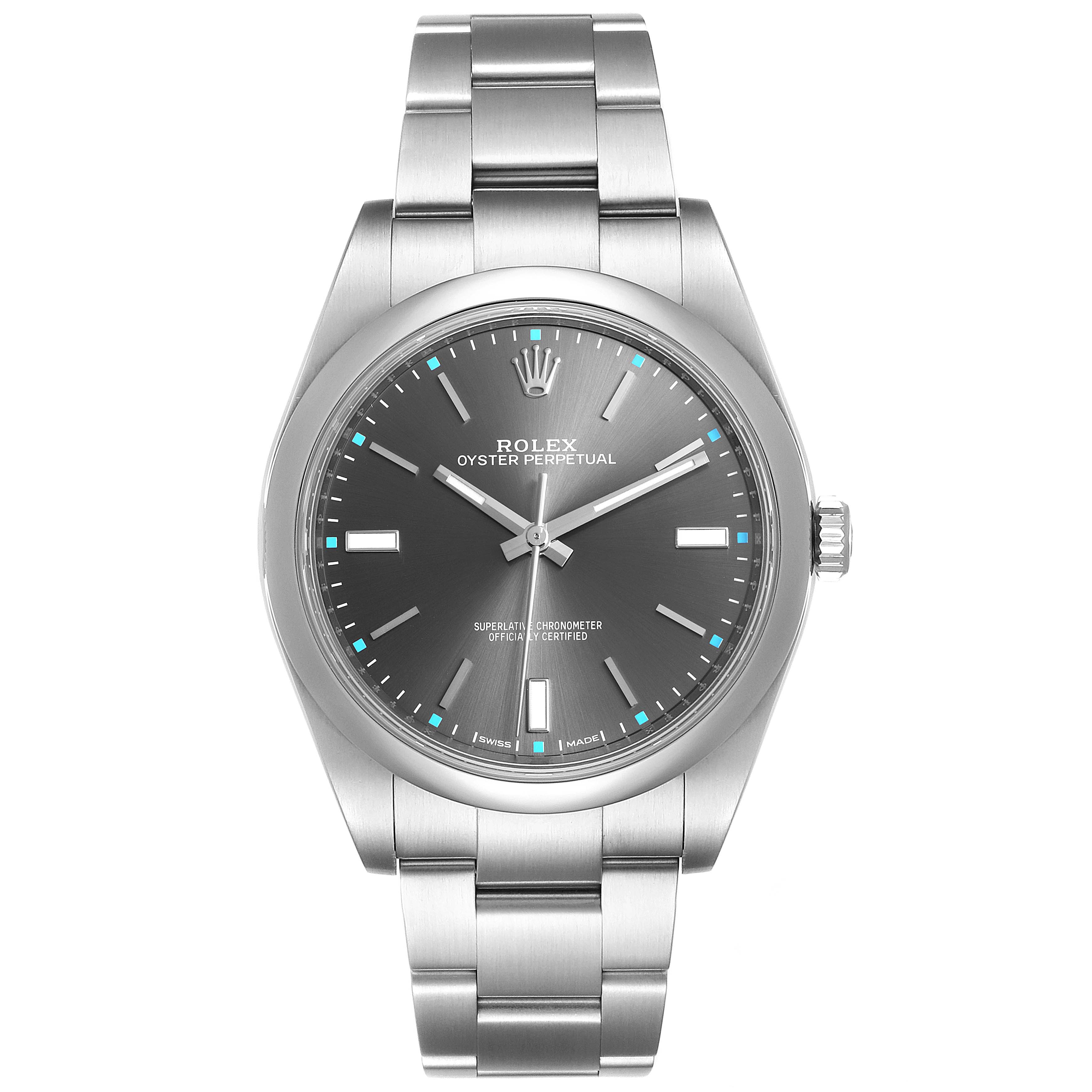 This image shows a front view of a Rolex Oyster Perpetual 114300 Men's Stainless Steel Silver Dial 114300 Men's Stainless Steel Silver Dial watch, displaying the dial, hands, and bracelet.
