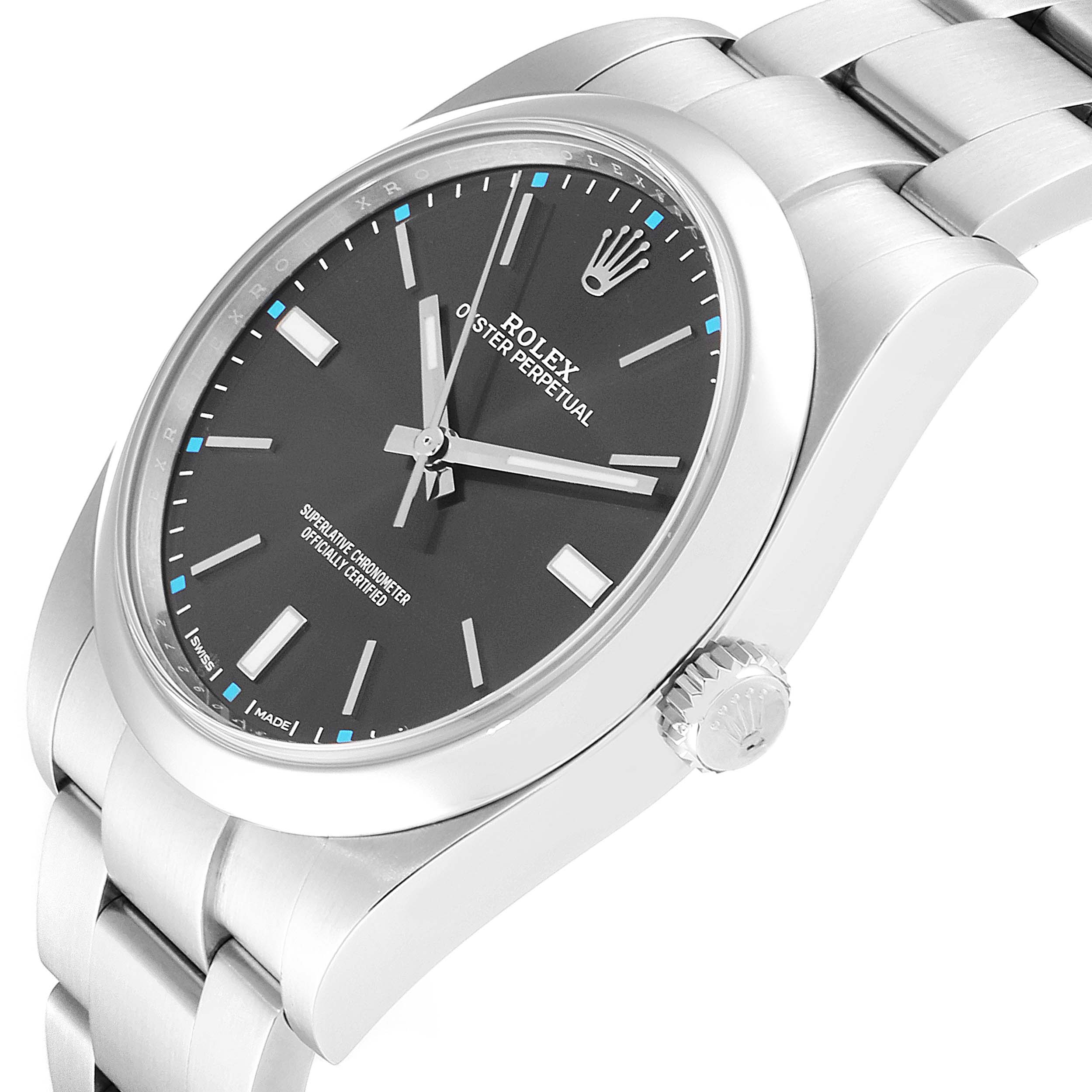 The image shows a side-angle view of the Rolex Oyster Perpetual 114300 Men's Stainless Steel Silver Dial 114300 Men's Stainless Steel Silver Dial watch, highlighting the face, case, crown, and part of the bracelet.