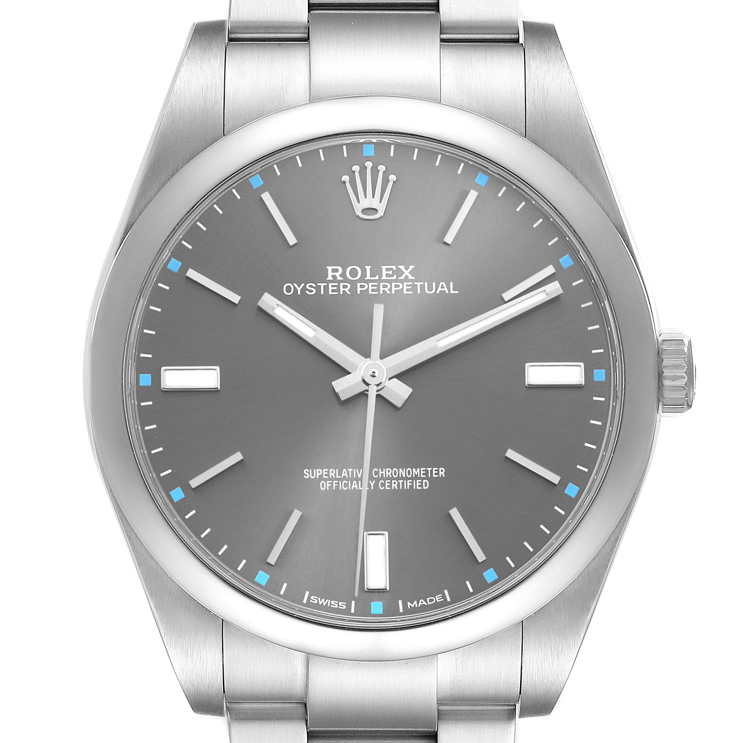 The Rolex Oyster Perpetual 114300 Men's Stainless Steel Grey Dial watch is shown from the front, displaying the dial, hour markers, hands, and part of the bracelet.