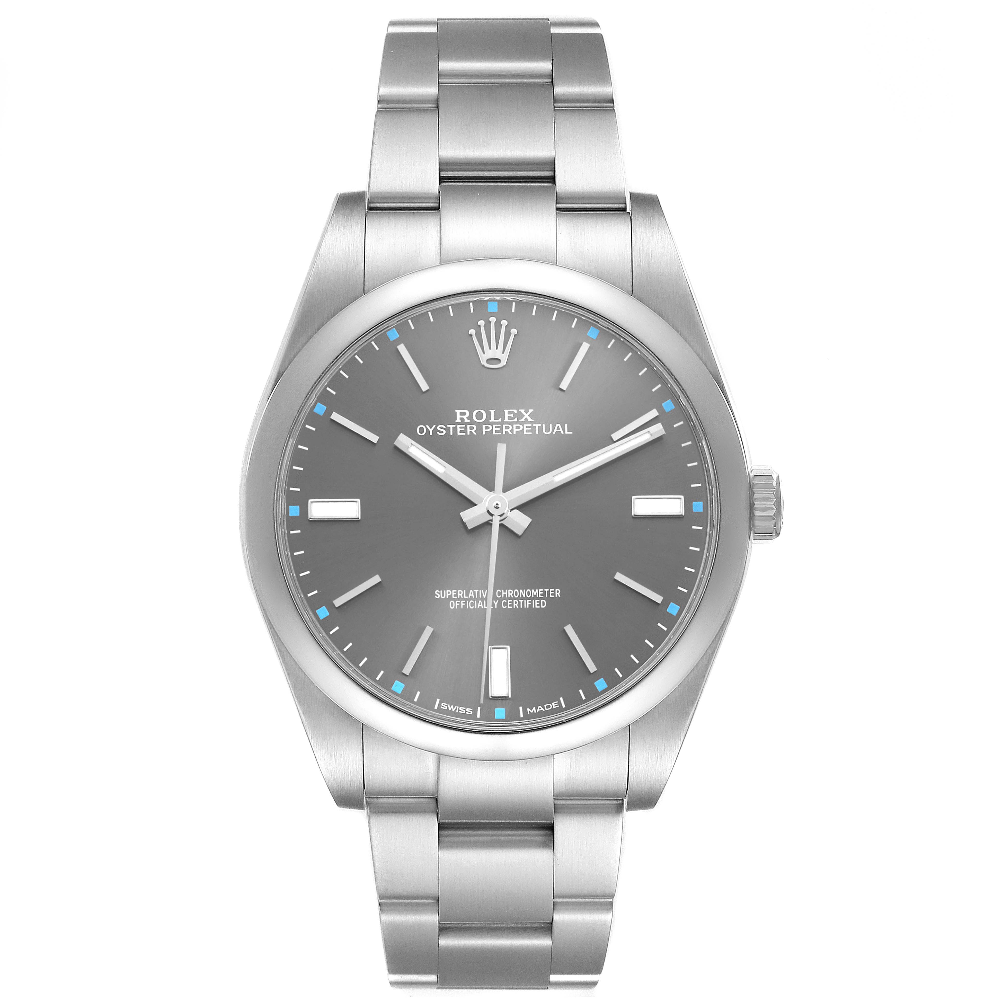 The image shows the Rolex Oyster Perpetual 114300 Men's Stainless Steel Grey Dial watch from the front, highlighting the dial, bezel, bracelet, and crown.