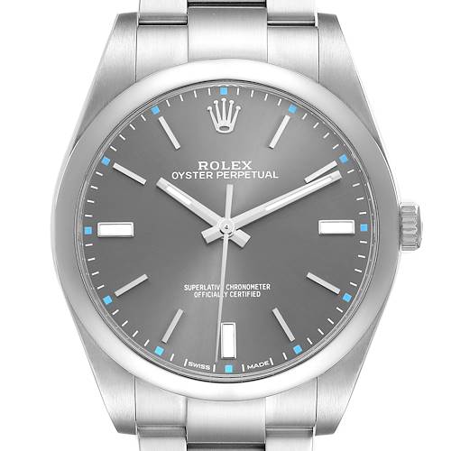 The Rolex Oyster Perpetual 114300 Men's Stainless Steel Grey Dial watch is shown from a front angle, highlighting the dial, hands, indices, and part of the bracelet.