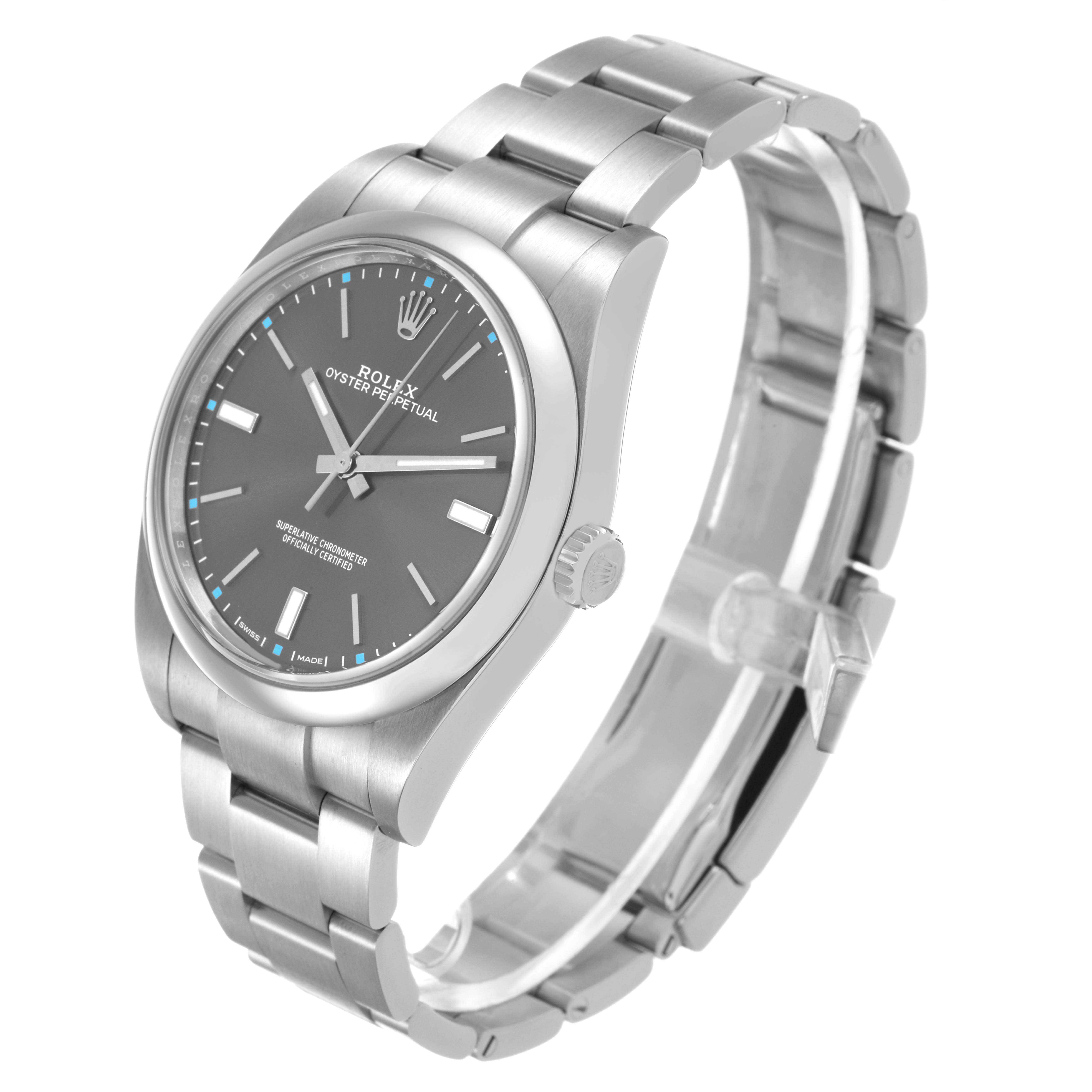 The Rolex Oyster Perpetual 114300 Men's Stainless Steel Grey Dial watch is shown at a three-quarter angle, highlighting the face, bezel, crown, and bracelet.