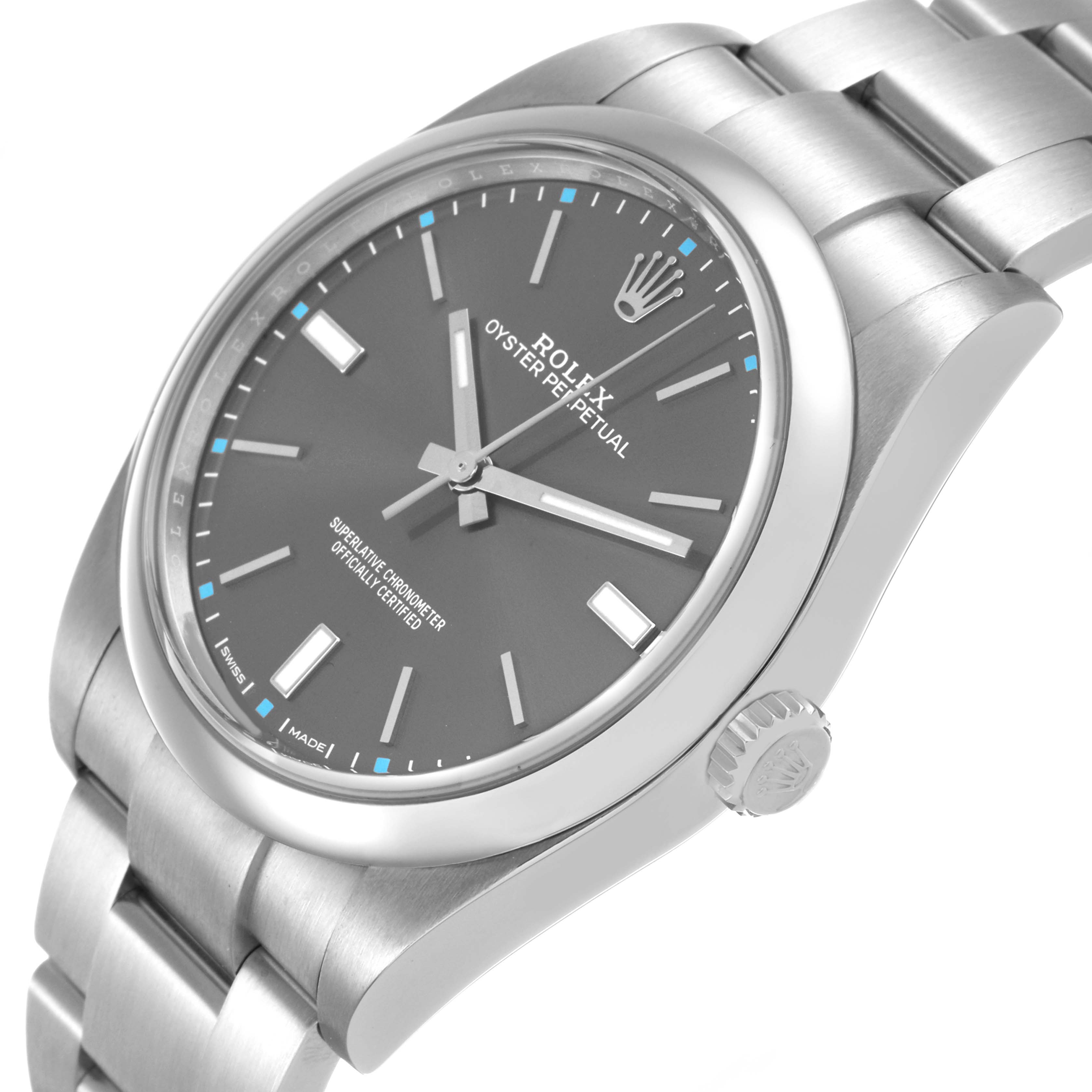 The Rolex Oyster Perpetual 114300 Men's Stainless Steel Grey Dial watch is shown at a tilted angle, highlighting the dial, bezel, case, and part of the bracelet.