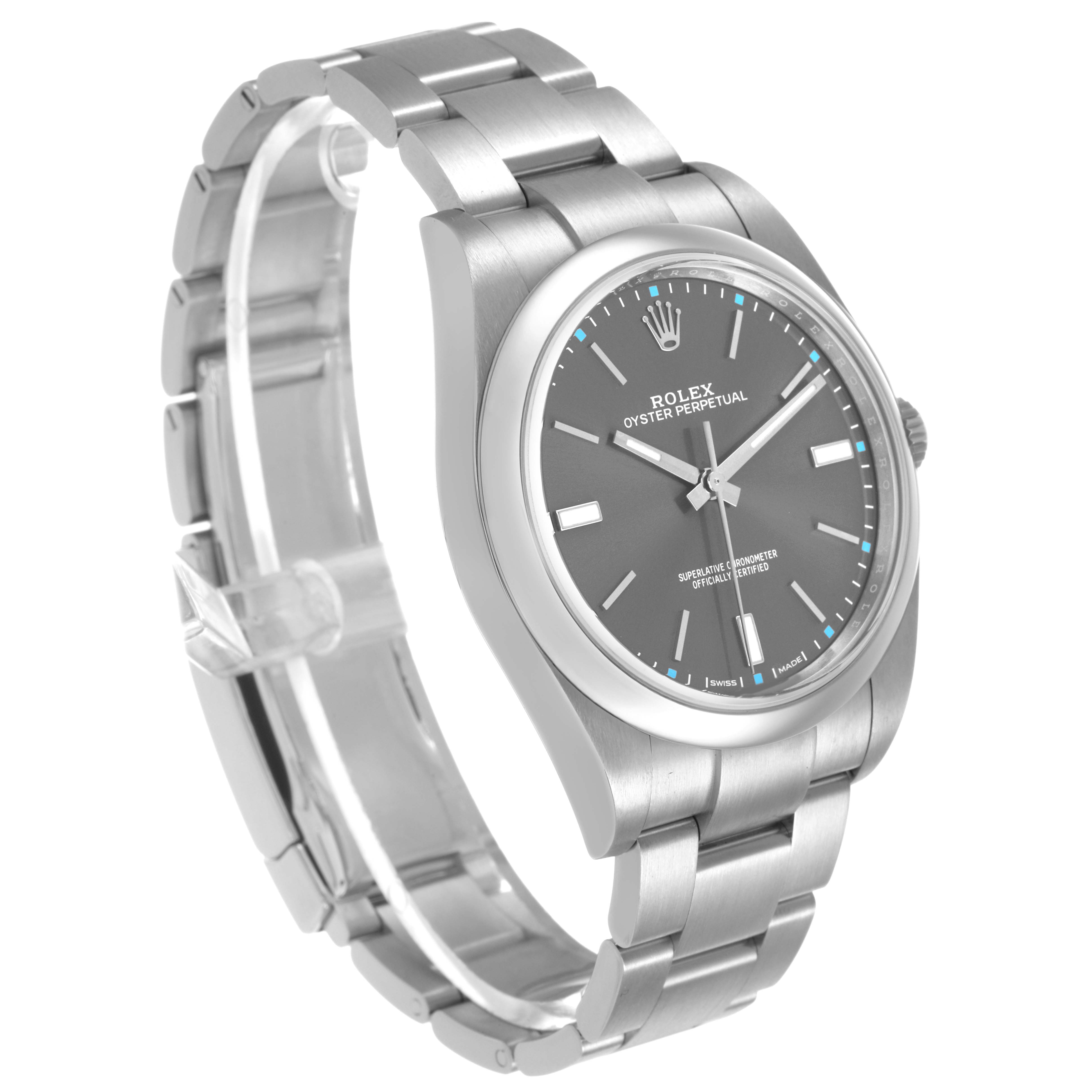 The Rolex Oyster Perpetual 114300 Men's Stainless Steel Grey Dial watch is shown at a three-quarter angle, highlighting the face, bezel, and bracelet.