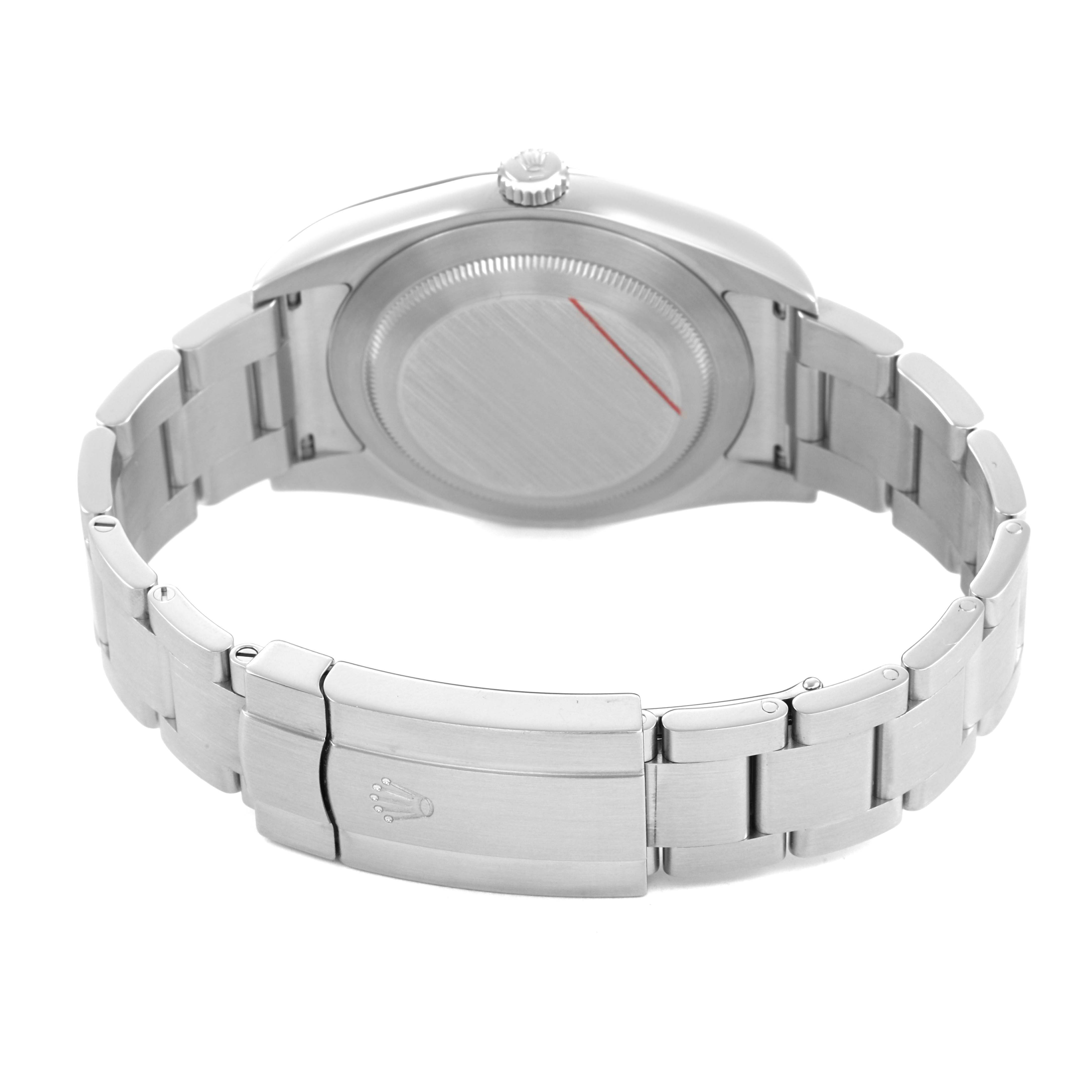 The image shows the back case and bracelet clasp of the Rolex Oyster Perpetual 114300 Men's Stainless Steel Grey Dial watch from a rear angle.