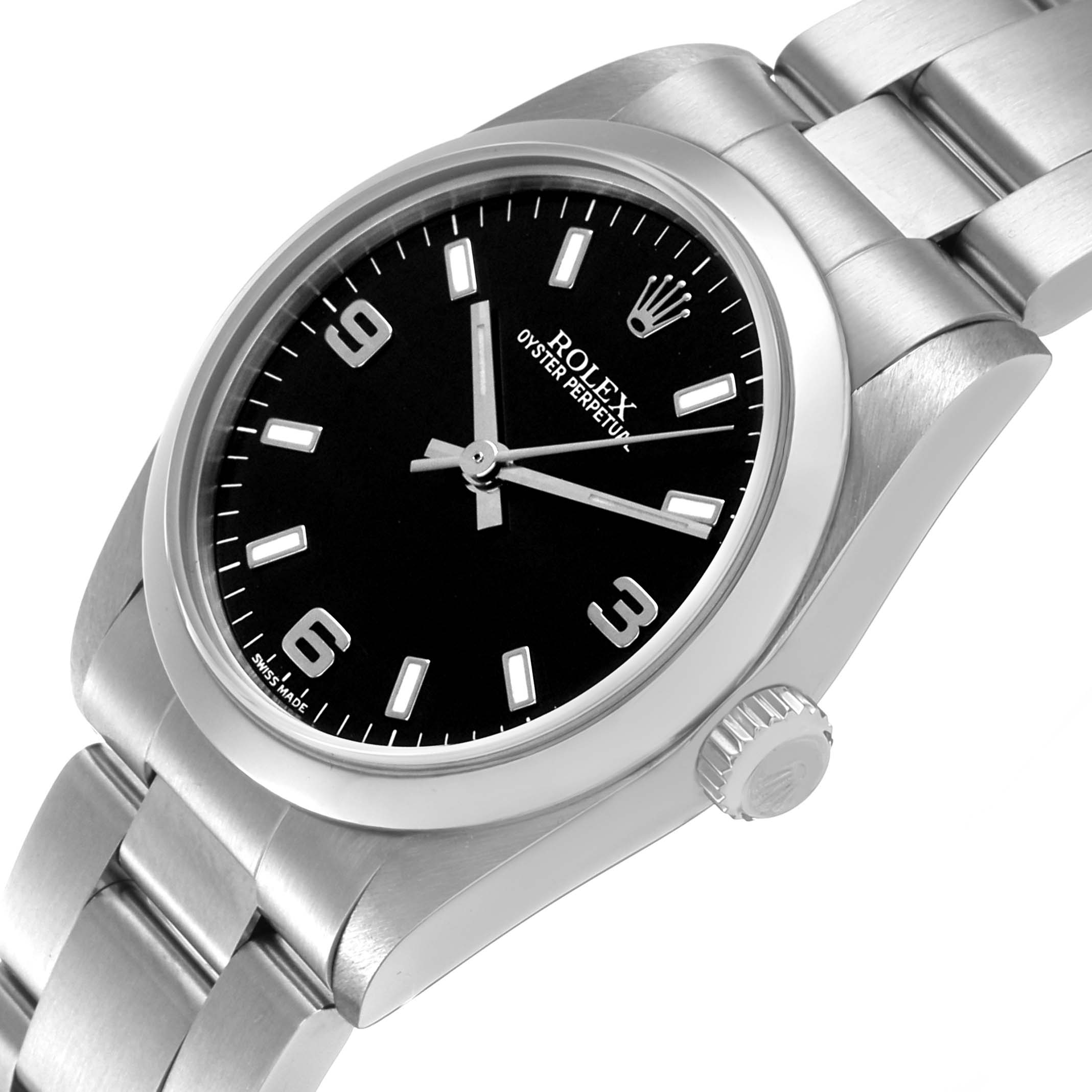 The Rolex Mid-Size 77080 Women's Stainless Steel Black Dial model is shown at a slight angle highlighting the black dial, bezel, crown, and part of the bracelet.