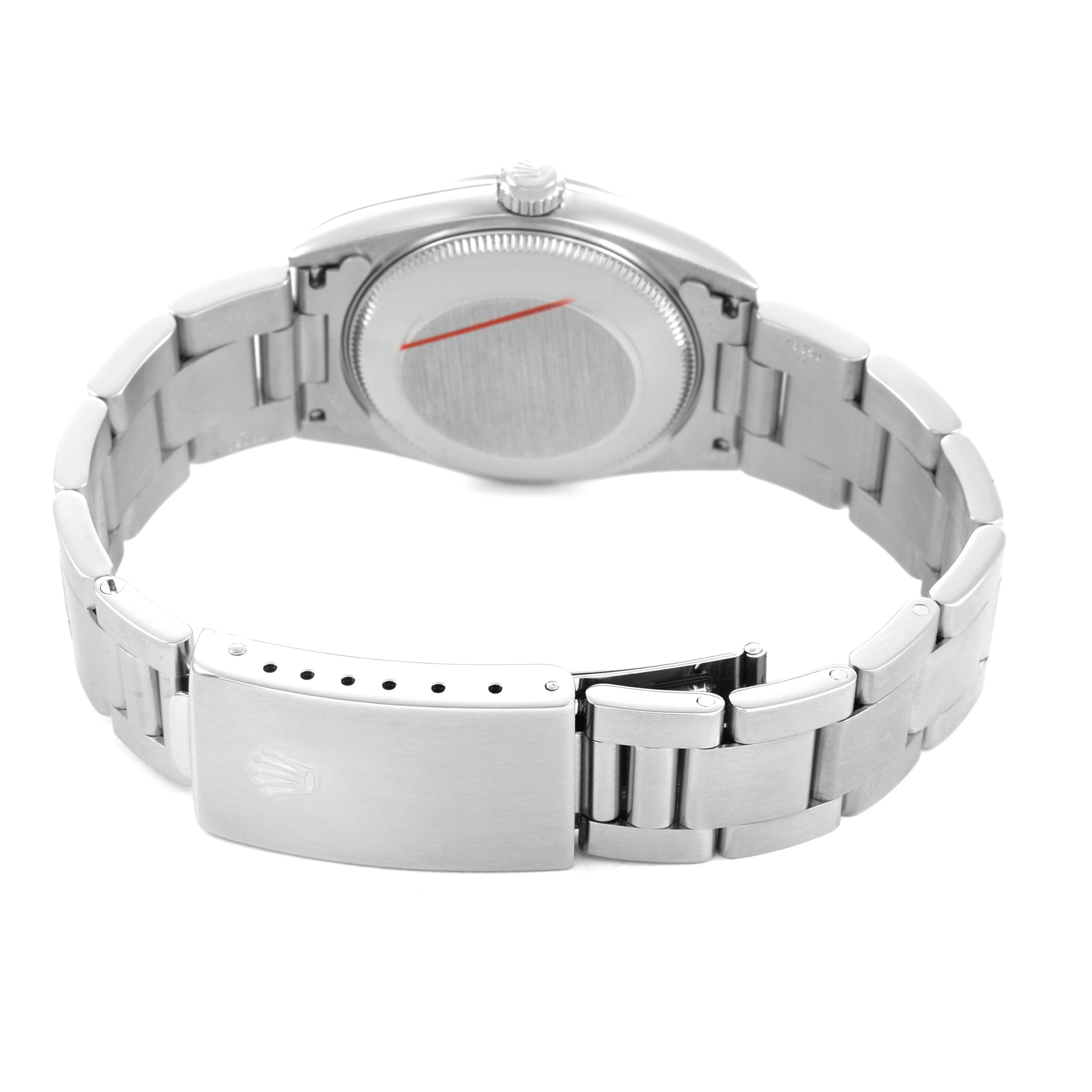 The image shows a Rolex Mid-Size 77080 Women's Stainless Steel Black Dial watch from the back, featuring the closed clasp, bracelet, and rear case.