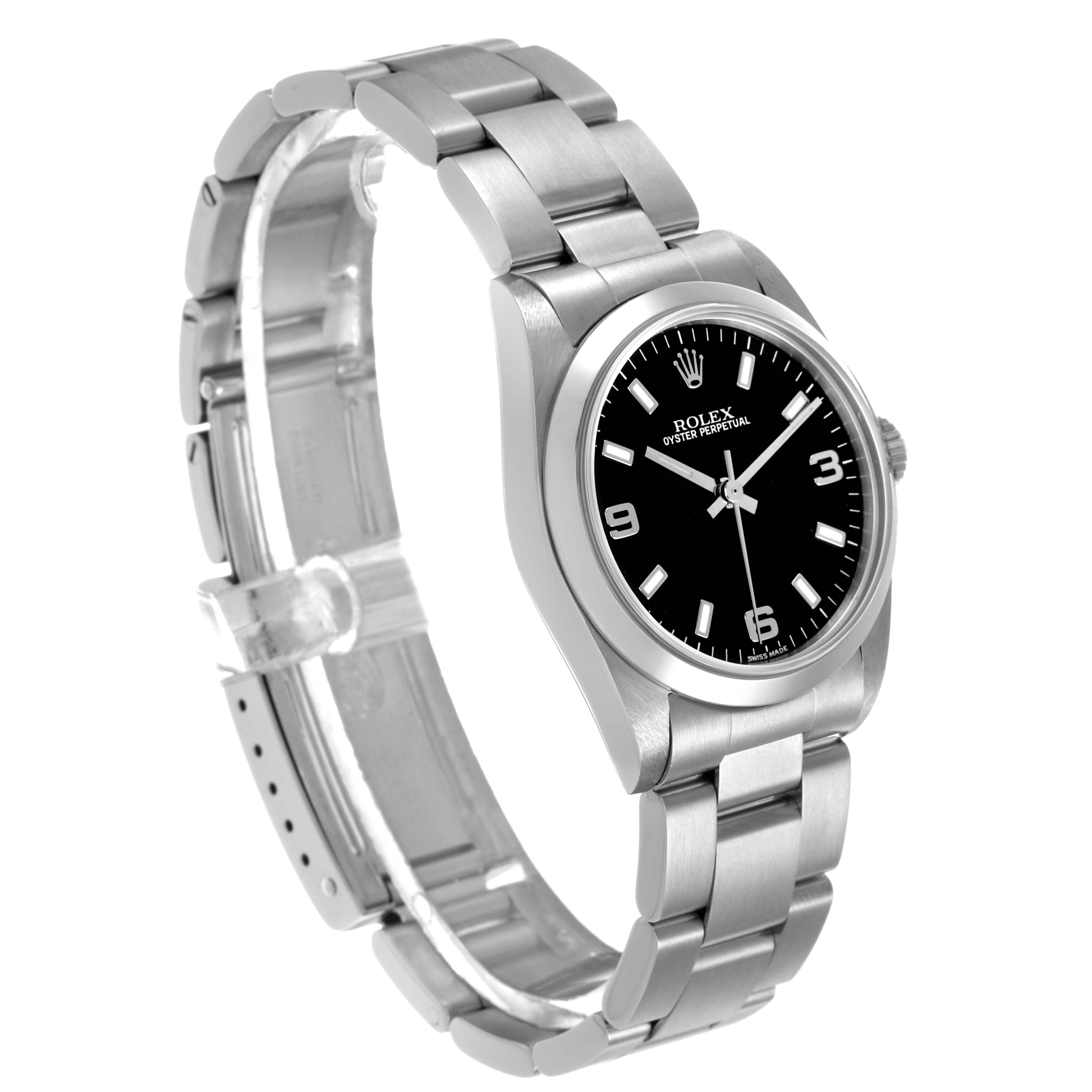 The Rolex Mid-Size 77080 Women's Stainless Steel Black Dial watch is shown at a three-quarter angle, highlighting its stainless steel case, black dial, and bracelet.