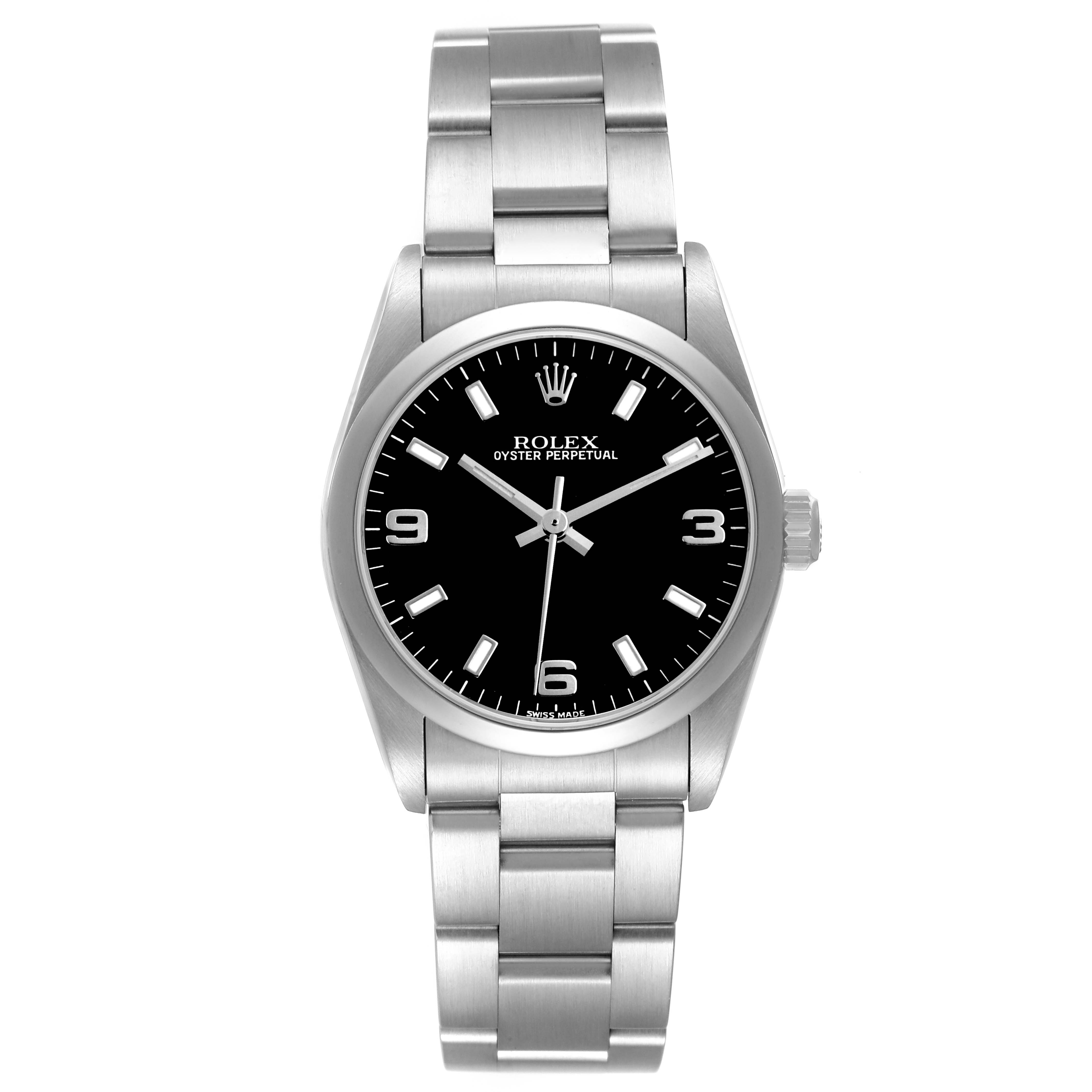 The Rolex Mid-Size 77080 Women's Stainless Steel Black Dial watch is shown from a front angle, displaying the dial, bracelet, and case.