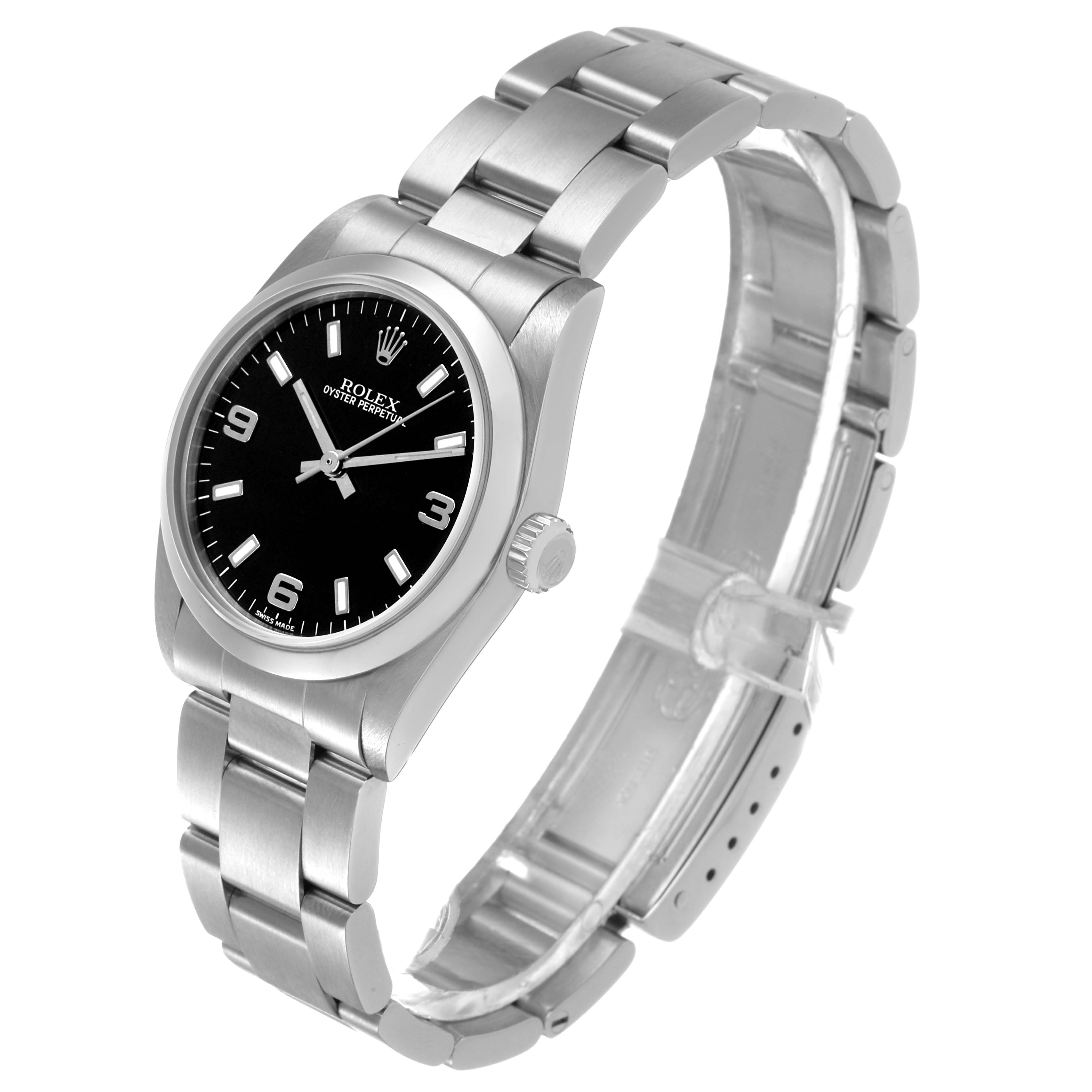 The Rolex Mid-Size 77080 Women's Stainless Steel Black Dial watch is shown at a three-quarter angle, highlighting the dial, case, crown, and full bracelet.