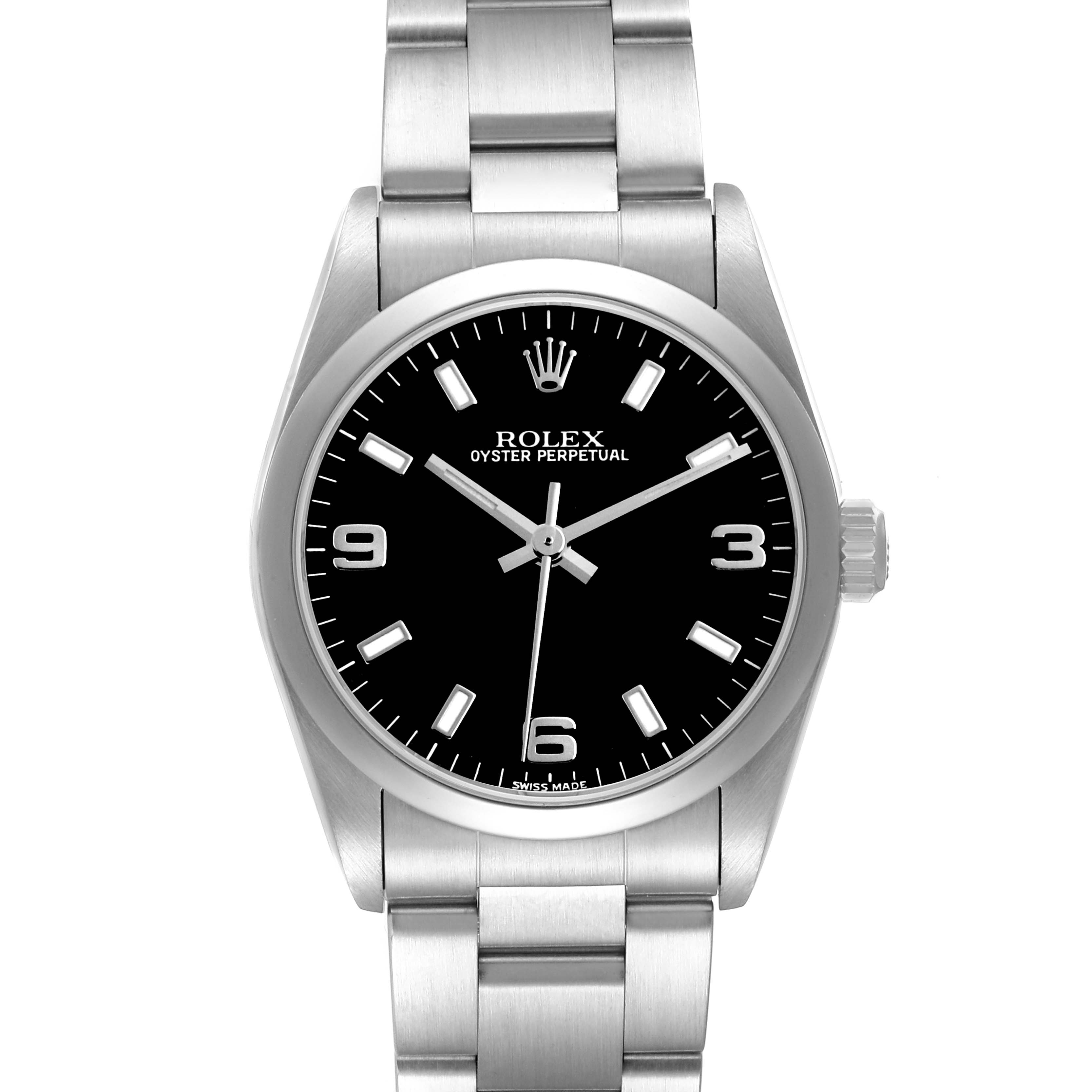 The Rolex Oyster Perpetual Mid-Size watch is shown from a front angle displaying the dial, bezel, and bracelet.