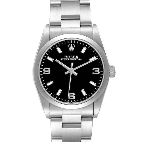 The Rolex Mid-Size 77080 Women's Stainless Steel Black Dial Oyster Perpetual watch is shown from the front, displaying its bracelet, bezel, dial, and crown.