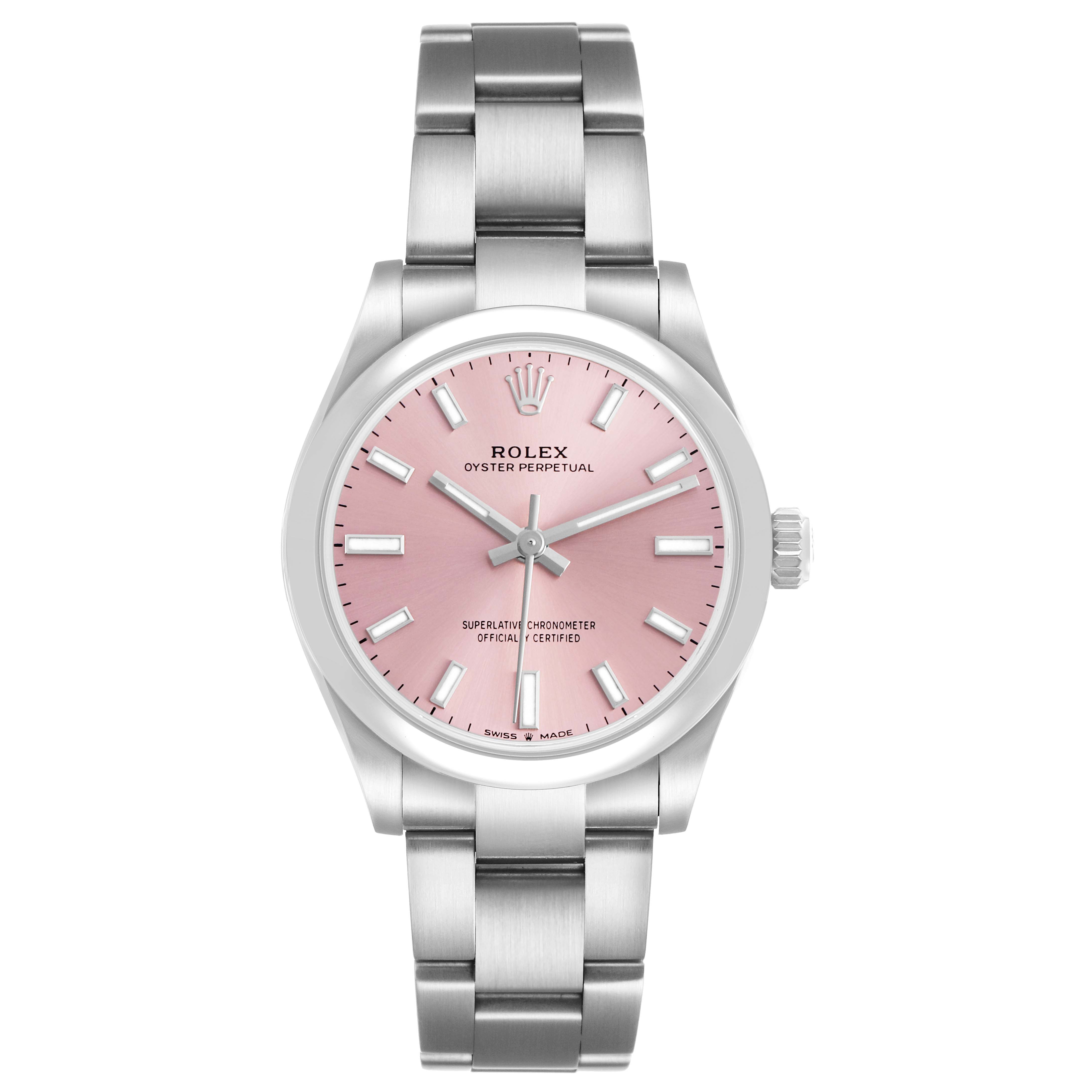 The Rolex Mid-Size 277200 Women's Stainless Steel Pink Dial model is shown from a front angle, displaying the pink dial, markers, and stainless steel bracelet.