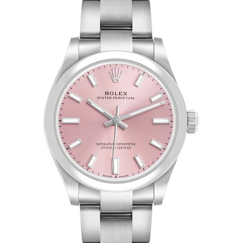 The Rolex Mid-Size 277200 Women's Stainless Steel Pink Dial watch is shown from the front, displaying the pink dial, hands, markers, and part of the metal bracelet.