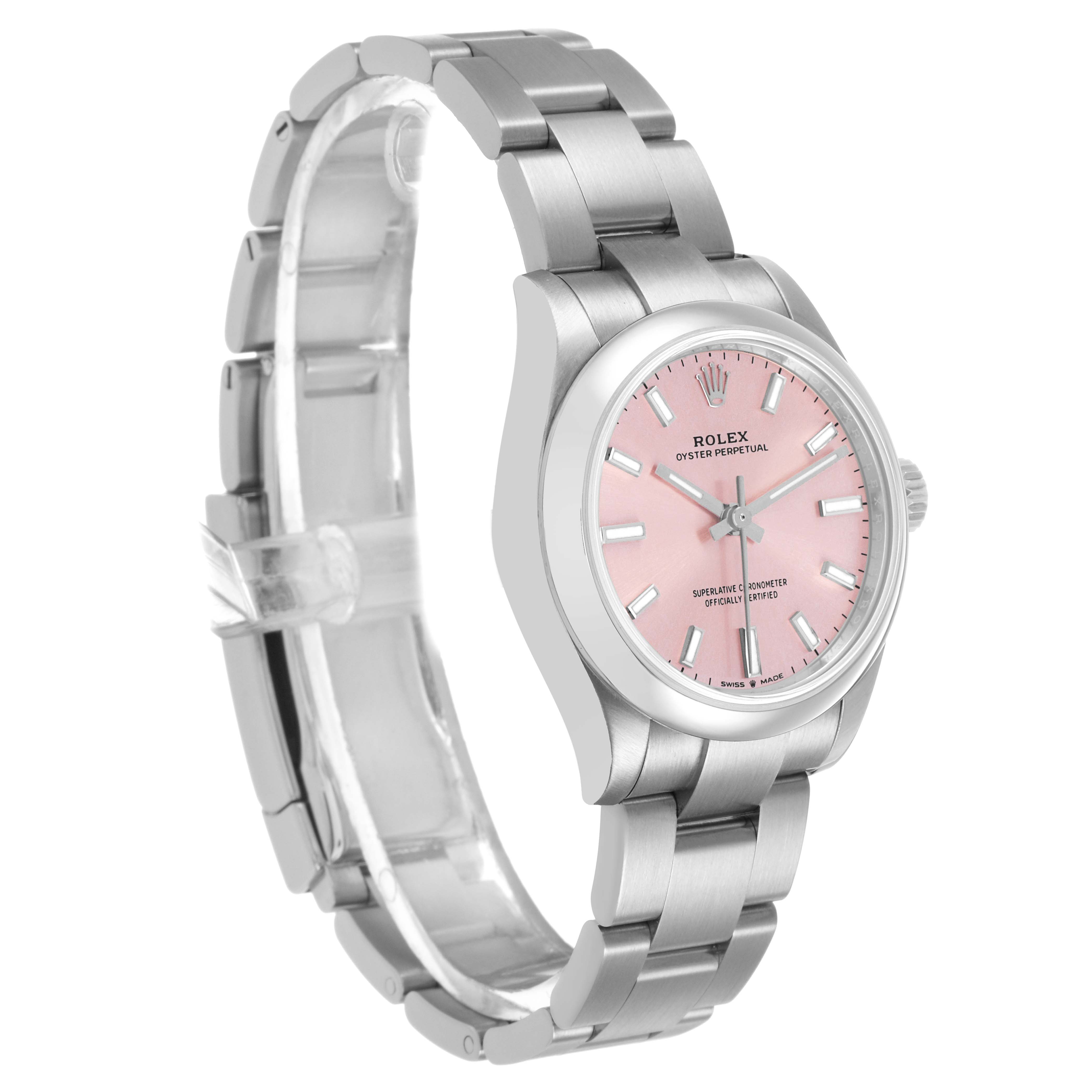 The Rolex Mid-Size 277200 Women's Stainless Steel Pink Dial watch is shown at a side angle highlighting the bracelet, case, and pink dial.
