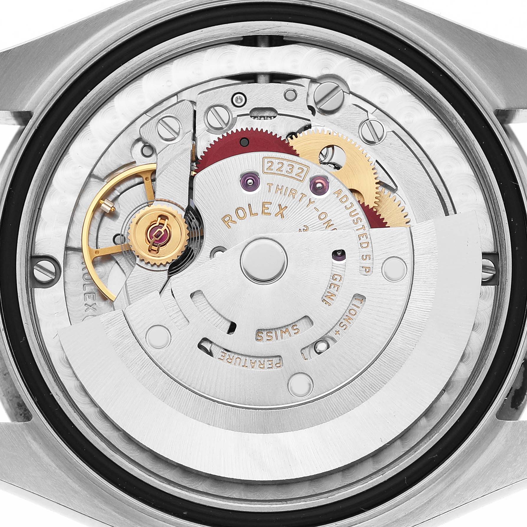 The image shows the movement mechanism of a Mid-Size Rolex watch from a top-down view, highlighting gears and inscriptions.