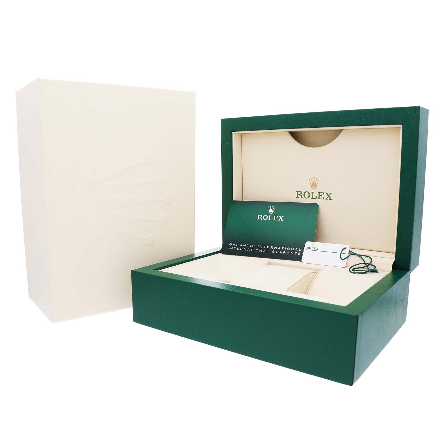 The image shows the open box, card, and tag accessories for a Rolex Mid-Size 277200 Women's Stainless Steel Pink Dial watch.