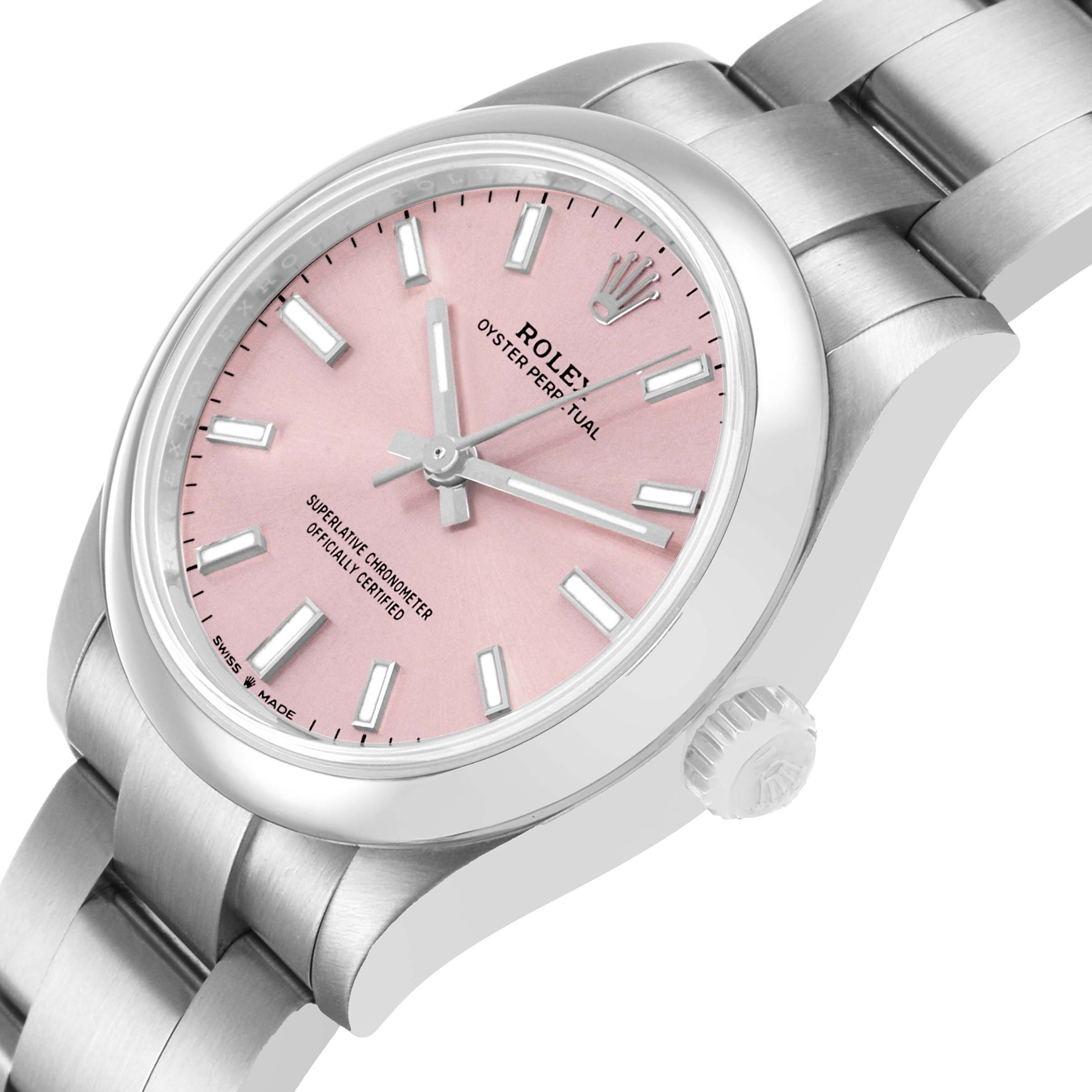 The Rolex Mid-Size 277200 Women's Stainless Steel Pink Dial watch is shown at an angle highlighting the pink dial, bezel, case, bracelet, and crown.