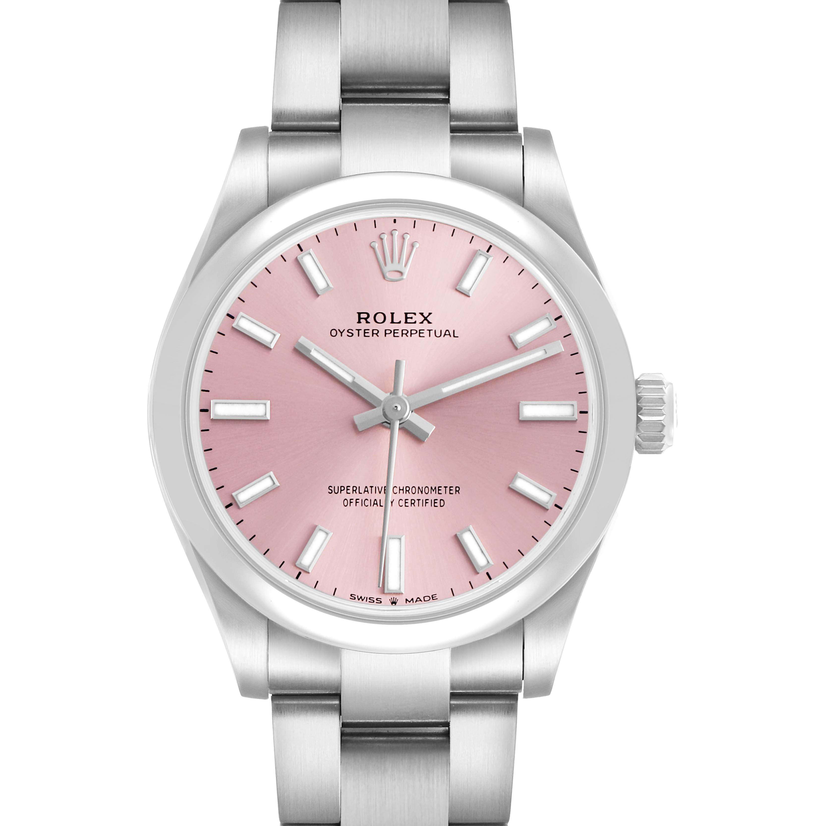 The Rolex Mid-Size 277200 Women's Stainless Steel Pink Dial watch is shown from a top-down angle, highlighting its pink dial and stainless steel bracelet.