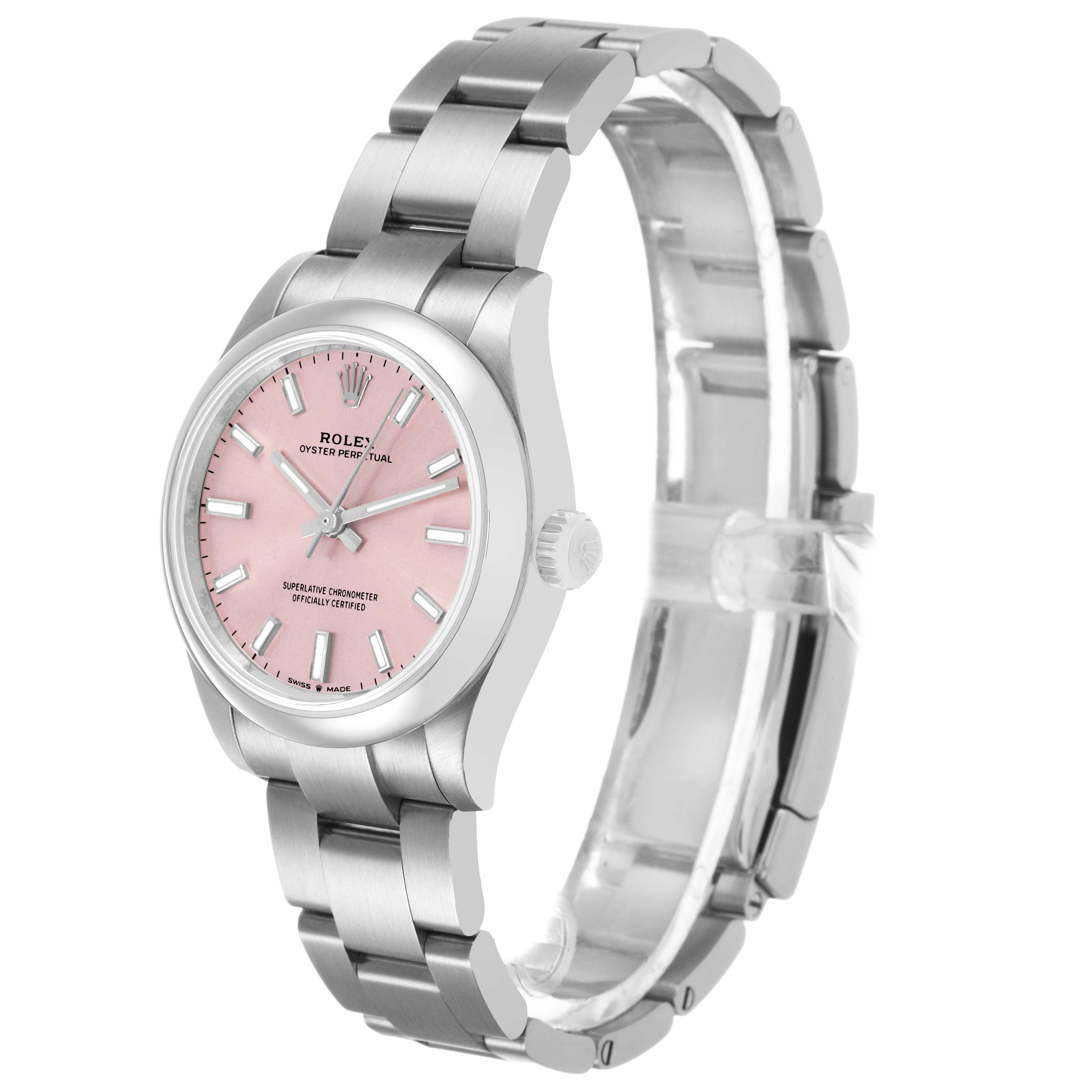 The Rolex Mid-Size 277200 Women's Stainless Steel Pink Dial model is shown at a side angle, displaying the bracelet, case, and pink dial.