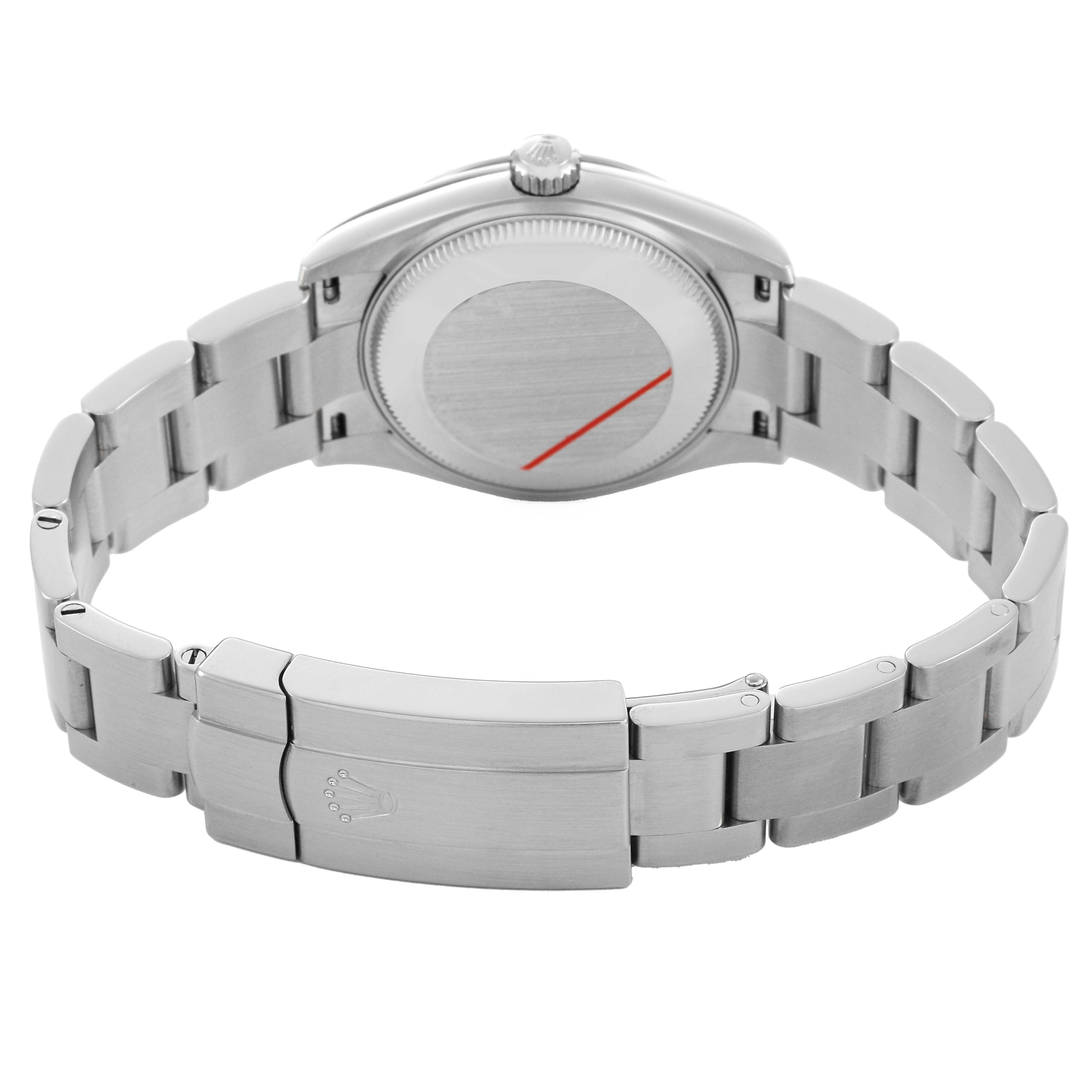The Rolex Mid-Size 277200 Women's Stainless Steel Pink Dial model is shown from the back, highlighting the clasp, bracelet, and case back.