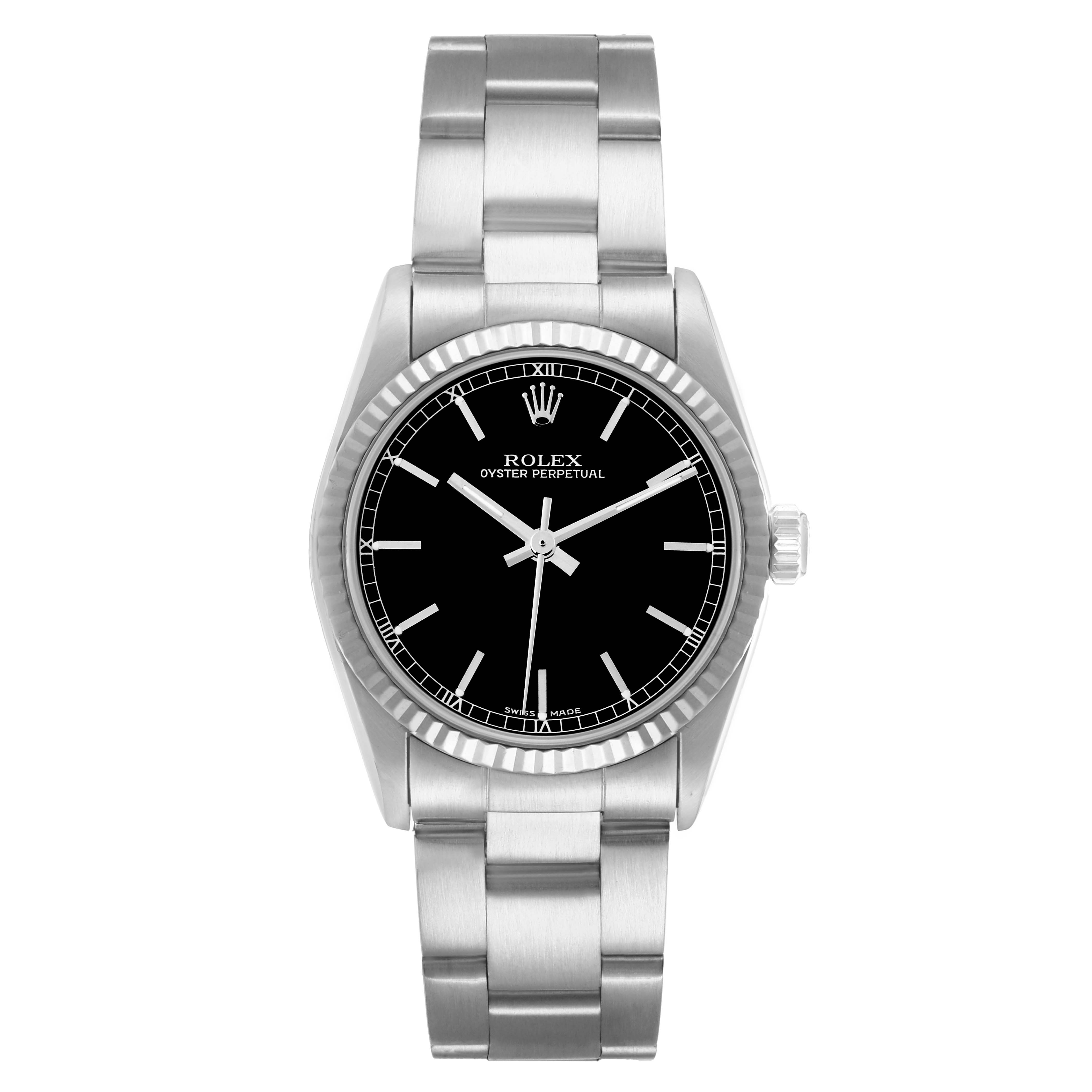 The Rolex Oyster Perpetual 77014 Women
s Stainless Steel Black Dial watch is shown from a front angle, displaying the face, bezel, and bracelet.