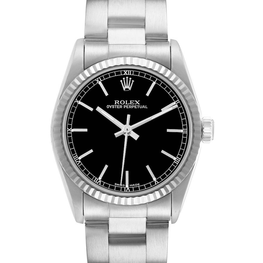 The Rolex Oyster Perpetual model 77014 is shown from a front angle, highlighting the dial, bezel, crown, and bracelet links.