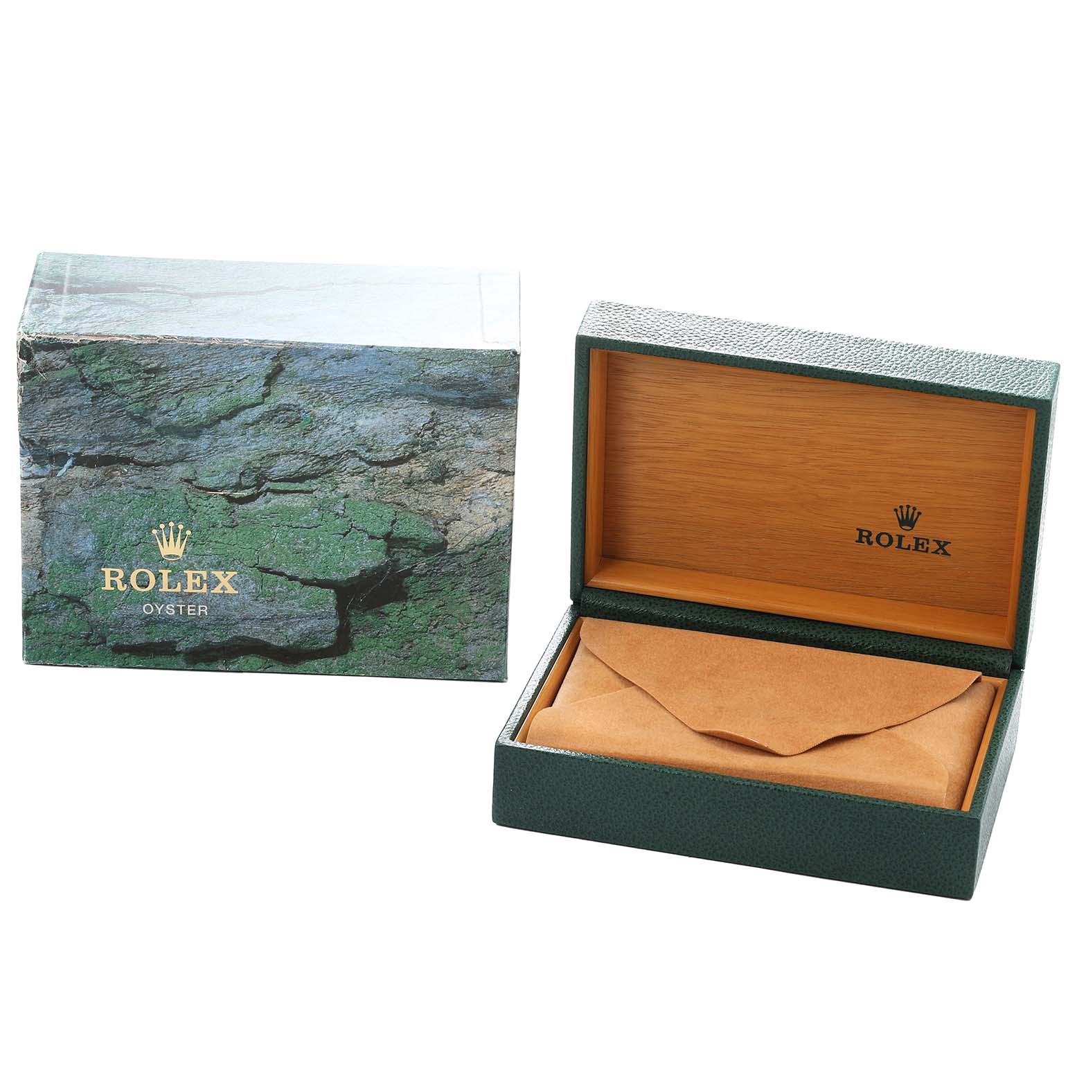 The image shows the packaging for a Rolex Oyster Perpetual 77014 Women
s Stainless Steel Black Dial, including the box and sleeve, but not the watch itself.