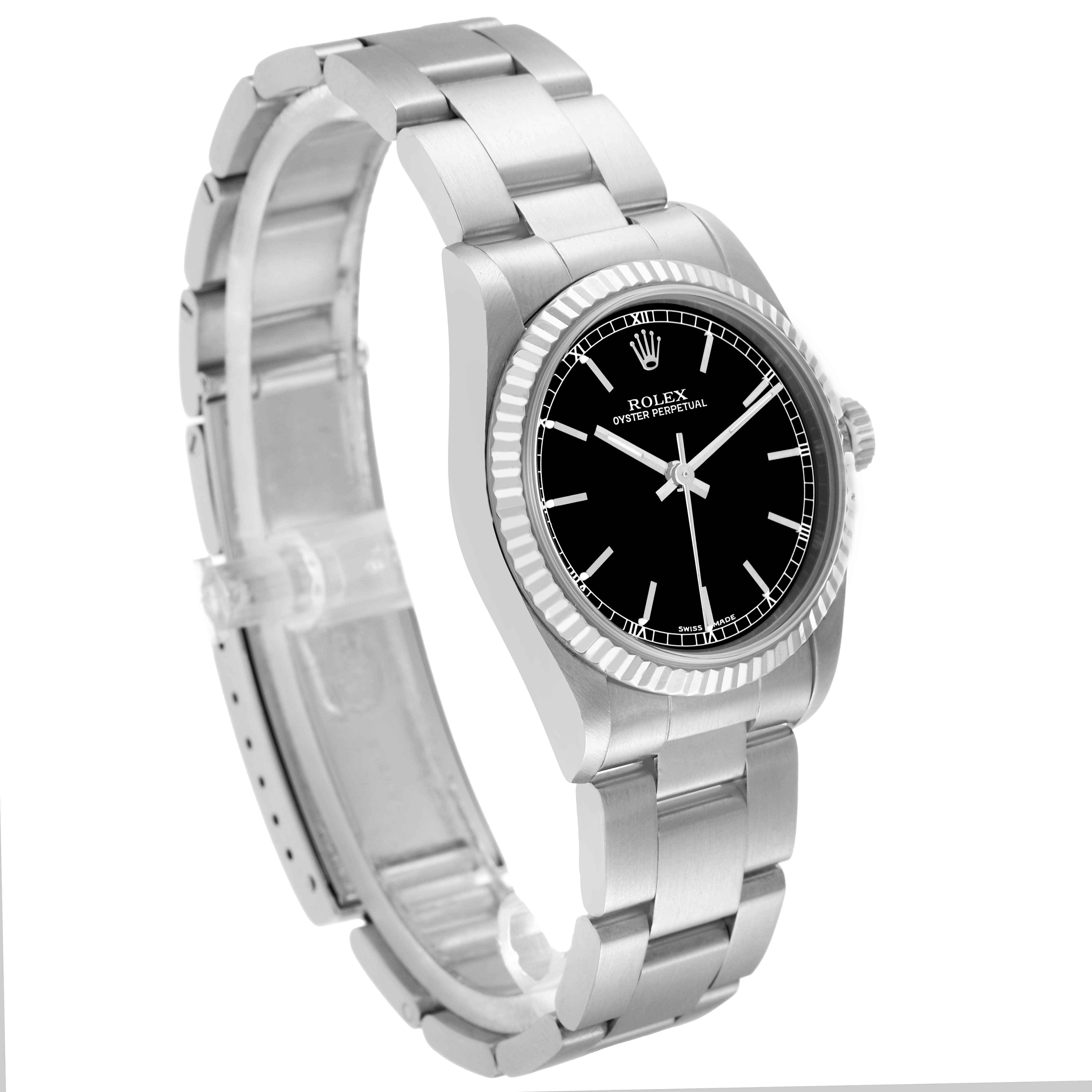 The Rolex Oyster Perpetual 77014 Women
s Stainless Steel Black Dial watch is shown at a three-quarter angle, highlighting the black dial, bezel, and bracelet.