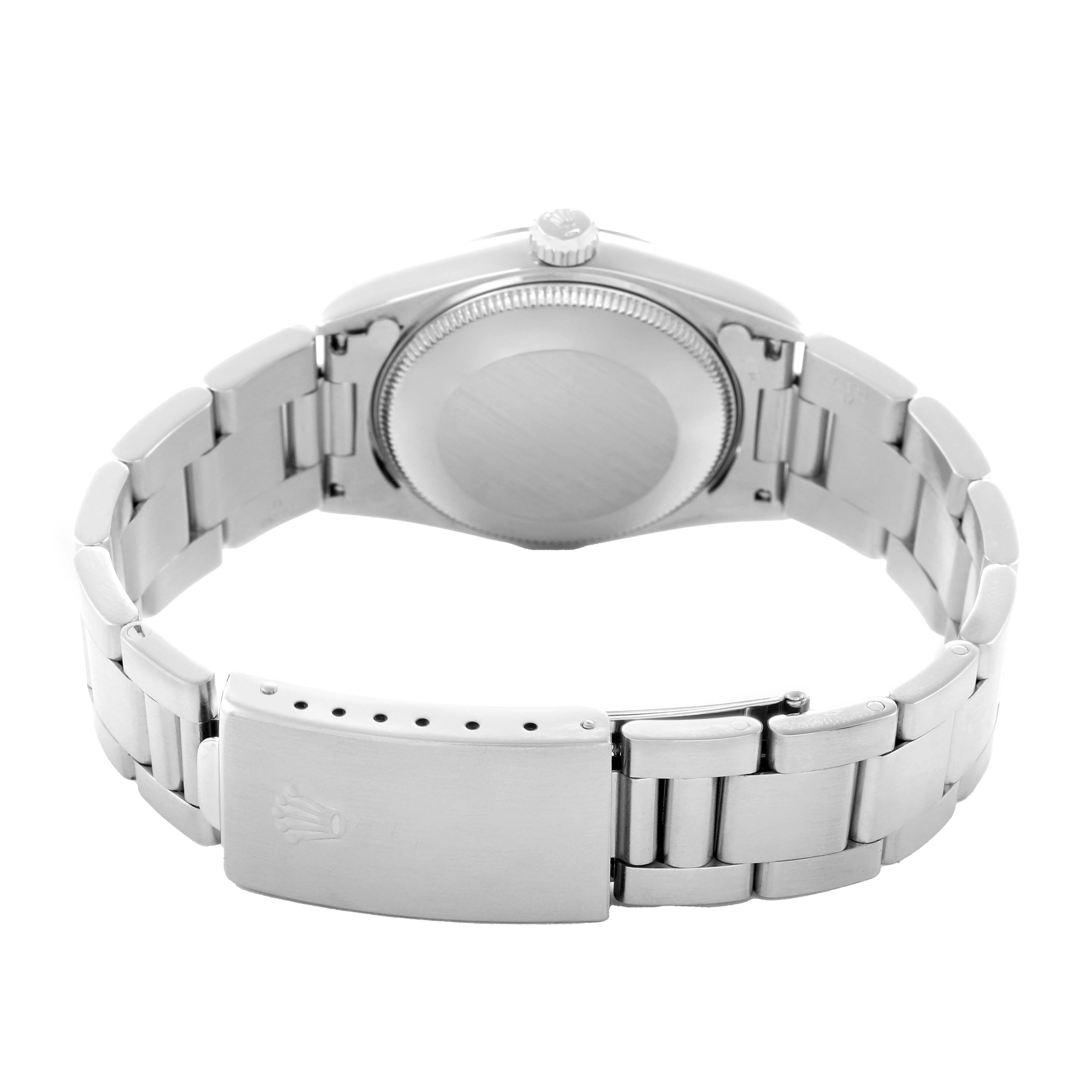 The image shows the Rolex Oyster Perpetual 77014 Women
s Stainless Steel Black Dial watch from the back, highlighting the clasp, bracelet, case back, and crown.