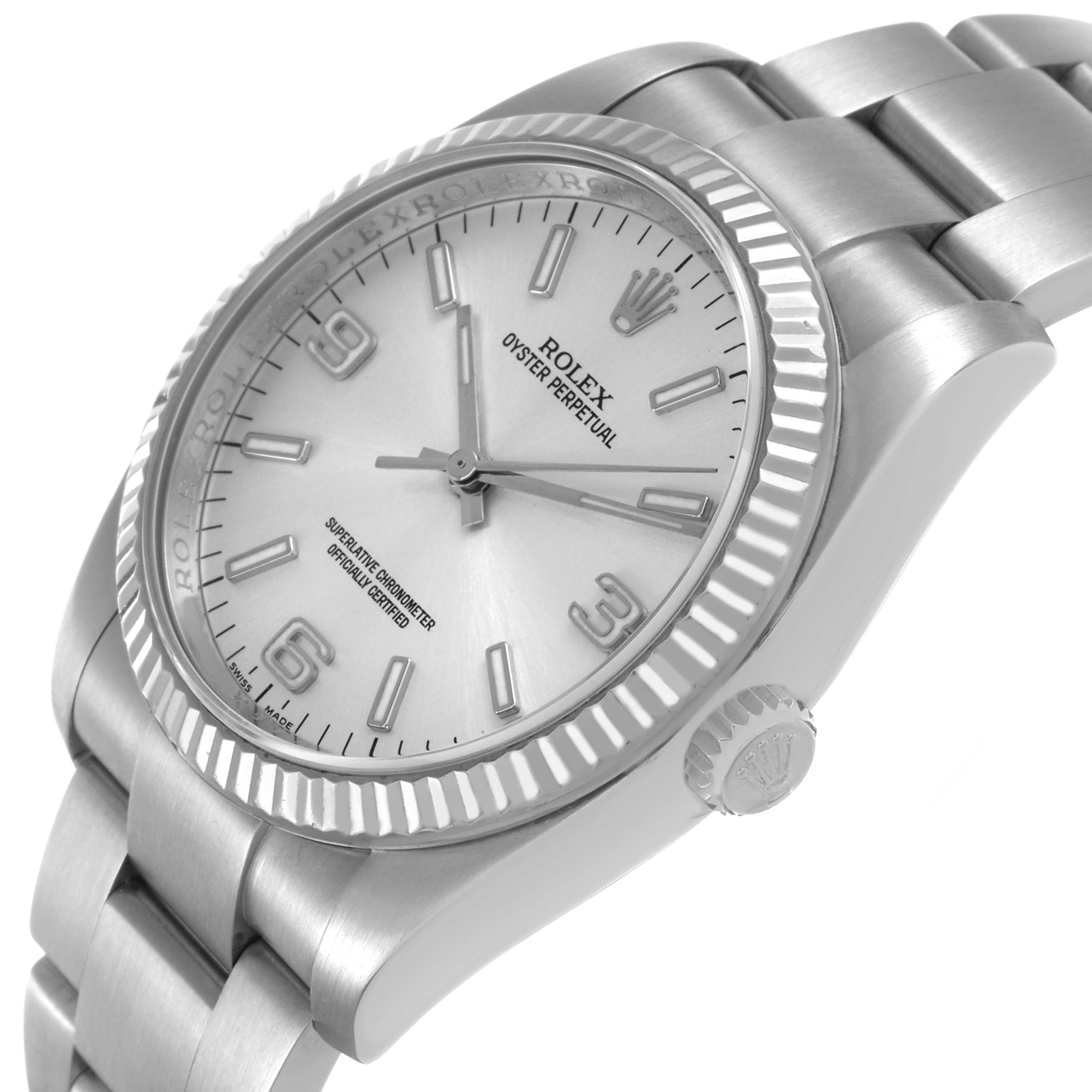 The Rolex Oyster Perpetual 116034 Men's Stainless Steel Silver Dial is shown at a three-quarter angle, highlighting the dial, bezel, and bracelet.