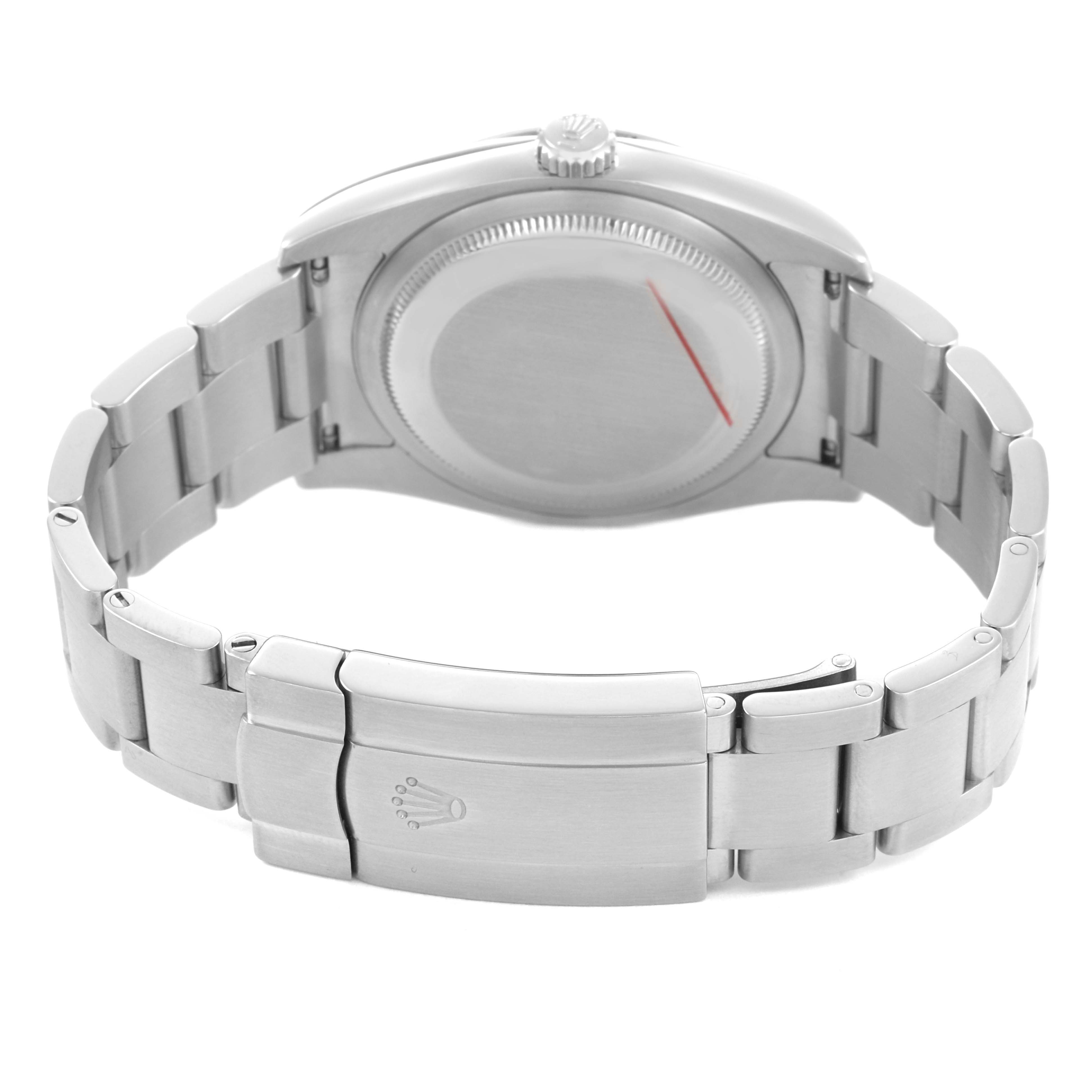 The image shows the back view of the Rolex Oyster Perpetual 116034 Men's Stainless Steel Silver Dial watch, highlighting the clasp and bracelet.