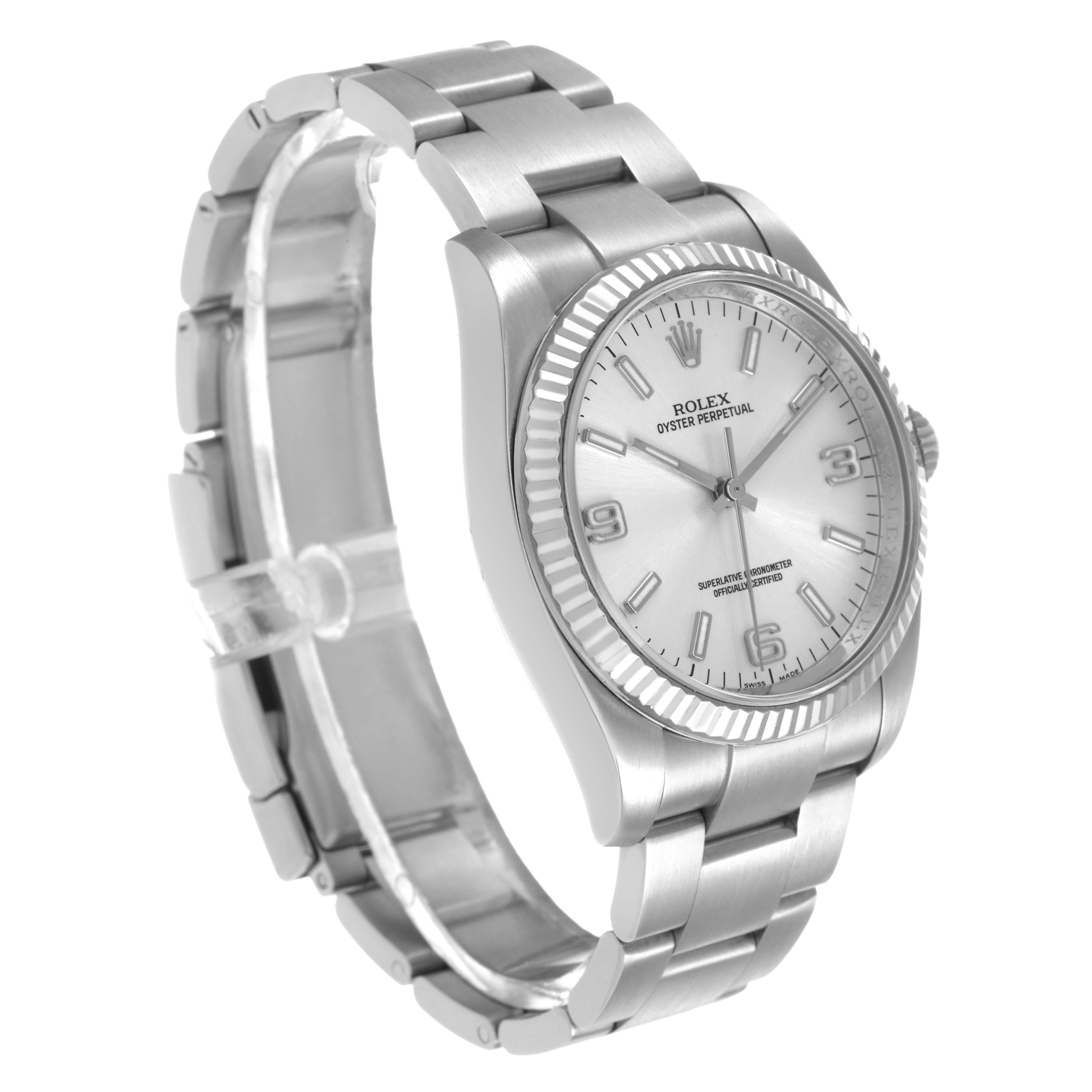 The Rolex Oyster Perpetual 116034 Men's Stainless Steel Silver Dial watch is shown at a slight angle, highlighting the face, bezel, and bracelet.