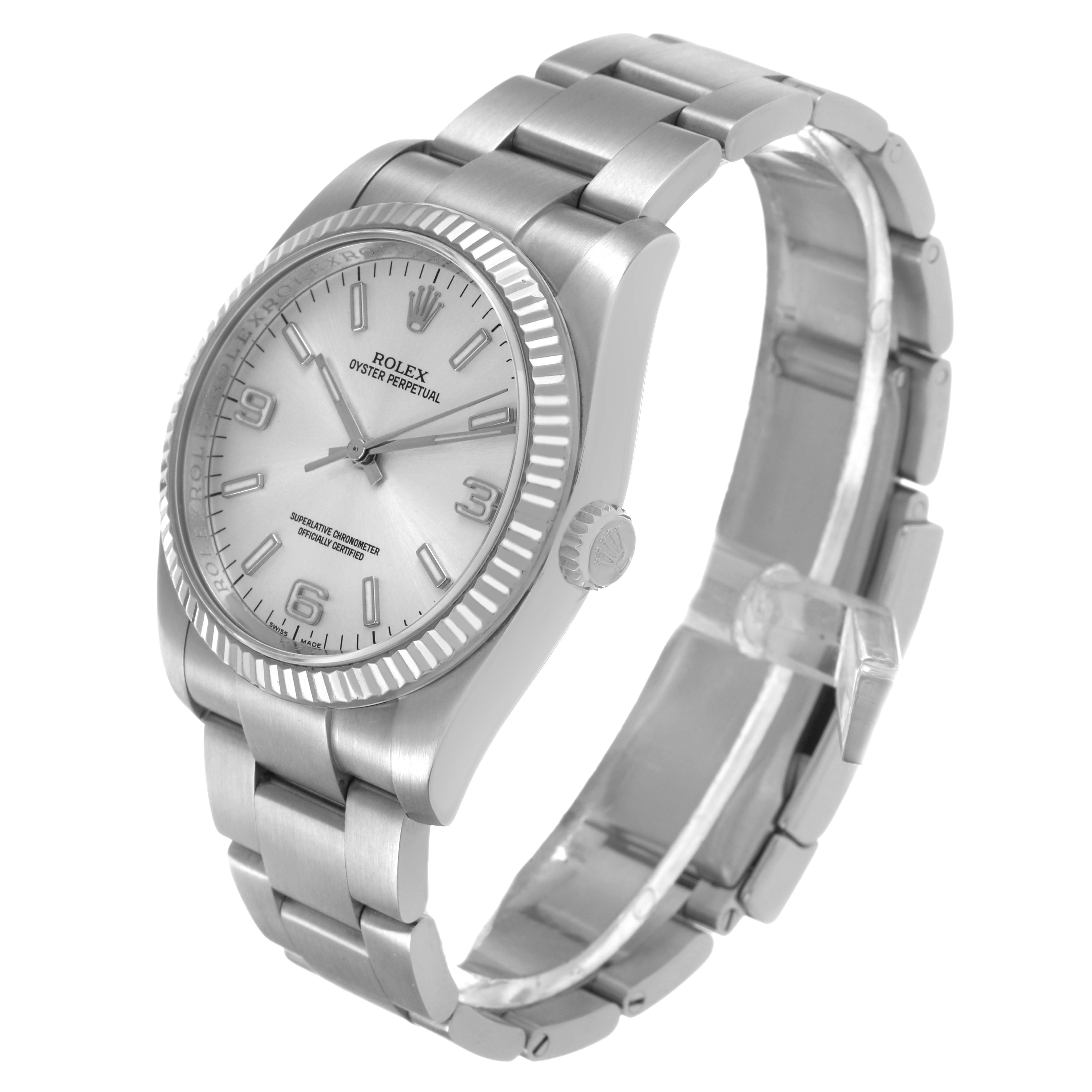 The Rolex Oyster Perpetual 116034 Men's Stainless Steel Silver Dial watch is shown at a three-quarter angle, displaying the face, bezel, crown, and bracelet clearly.