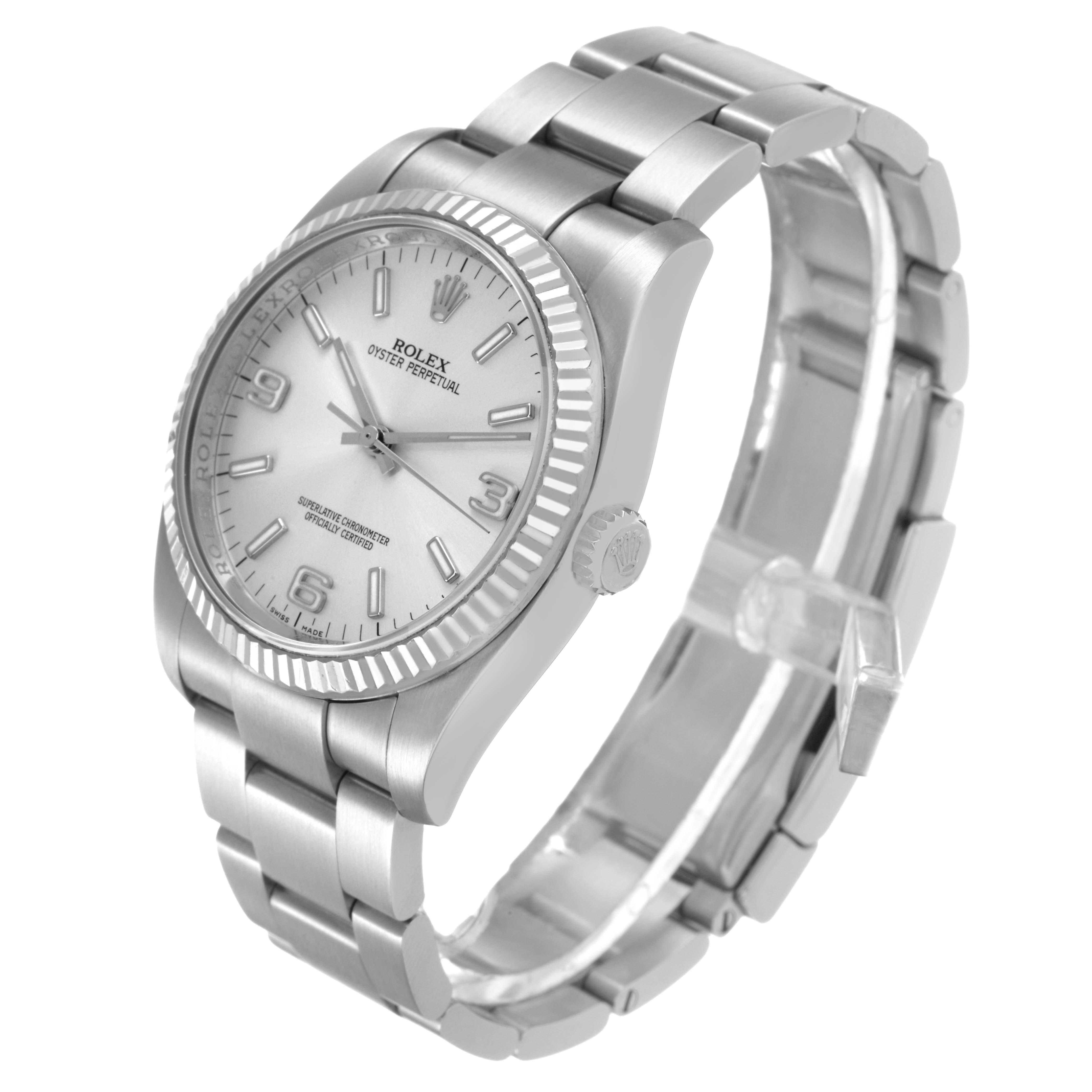 The Rolex Oyster Perpetual 116034 Men's Stainless Steel Silver Dial watch is shown at a slight angle, displaying the face, bezel, bracelet, and crown.