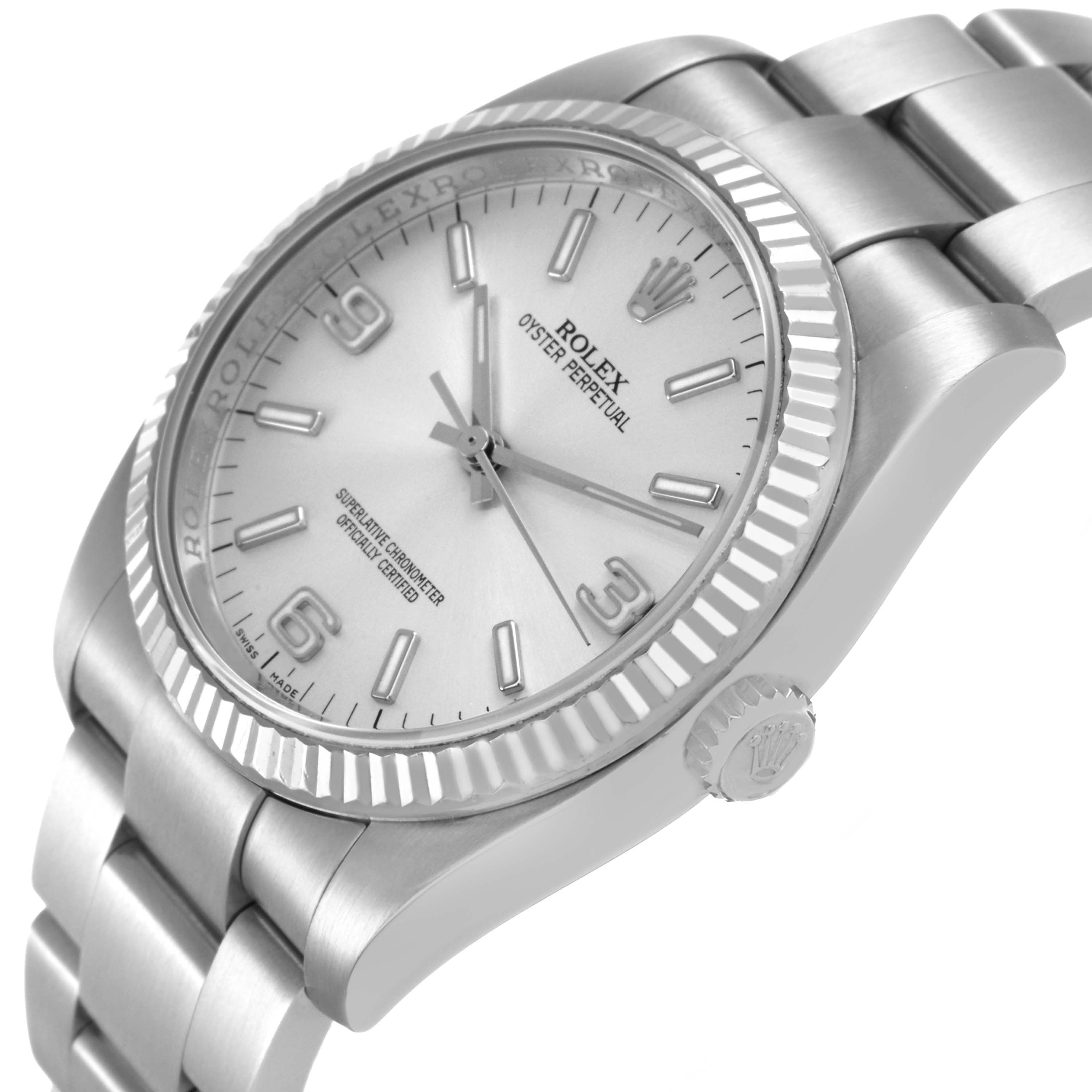 The Rolex Oyster Perpetual 116034 Men's Stainless Steel Silver Dial watch is shown from an angled side view, displaying its dial, bezel, crown, and part of the bracelet.